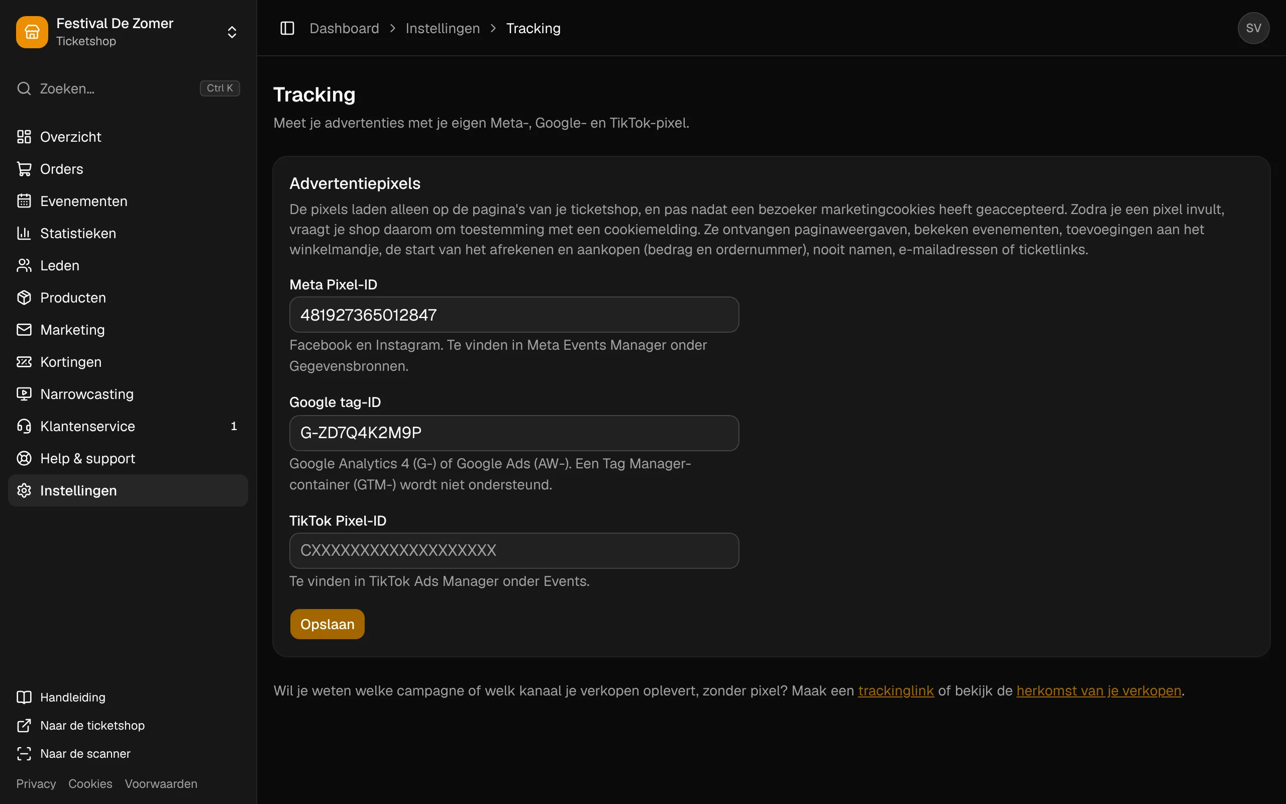 De instellingen voor de Meta-, Google- en TikTok-pixel.