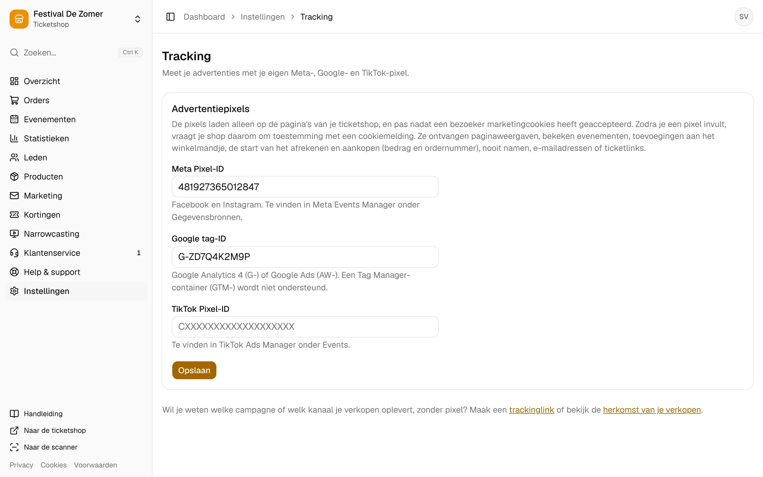 De instellingen voor de Meta-, Google- en TikTok-pixel.