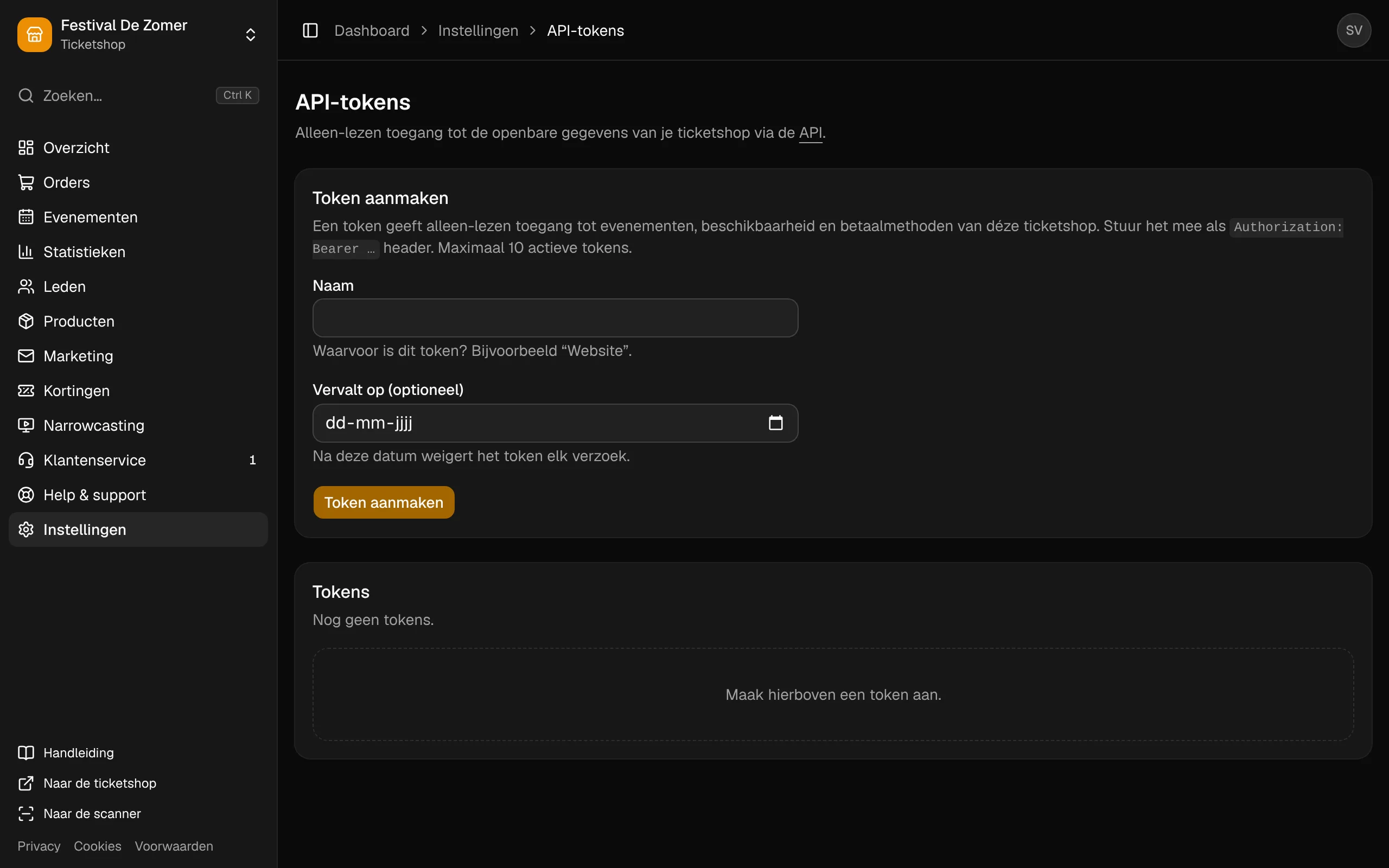 De pagina API-tokens, met het formulier om een token aan te maken.