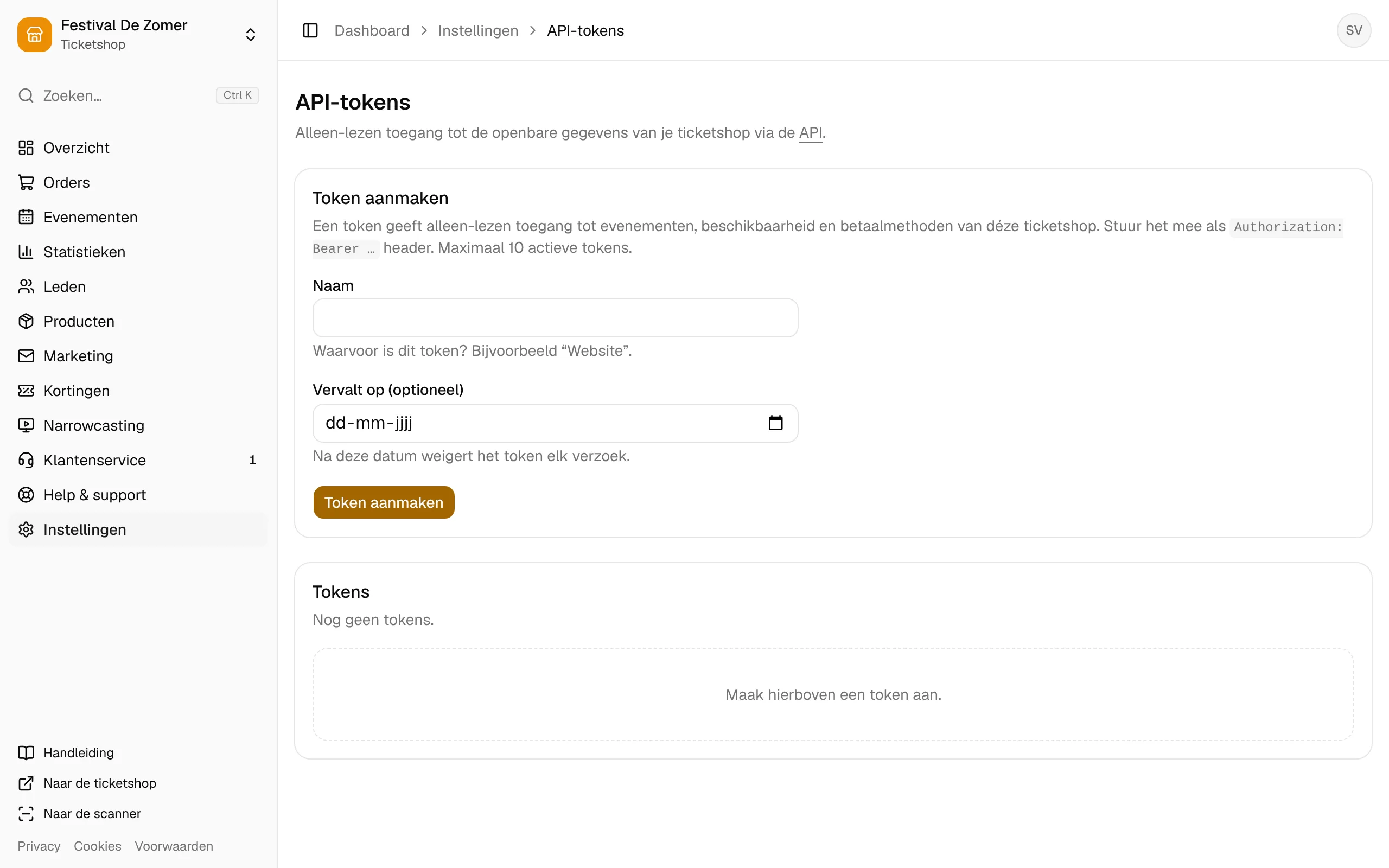 De pagina API-tokens, met het formulier om een token aan te maken.