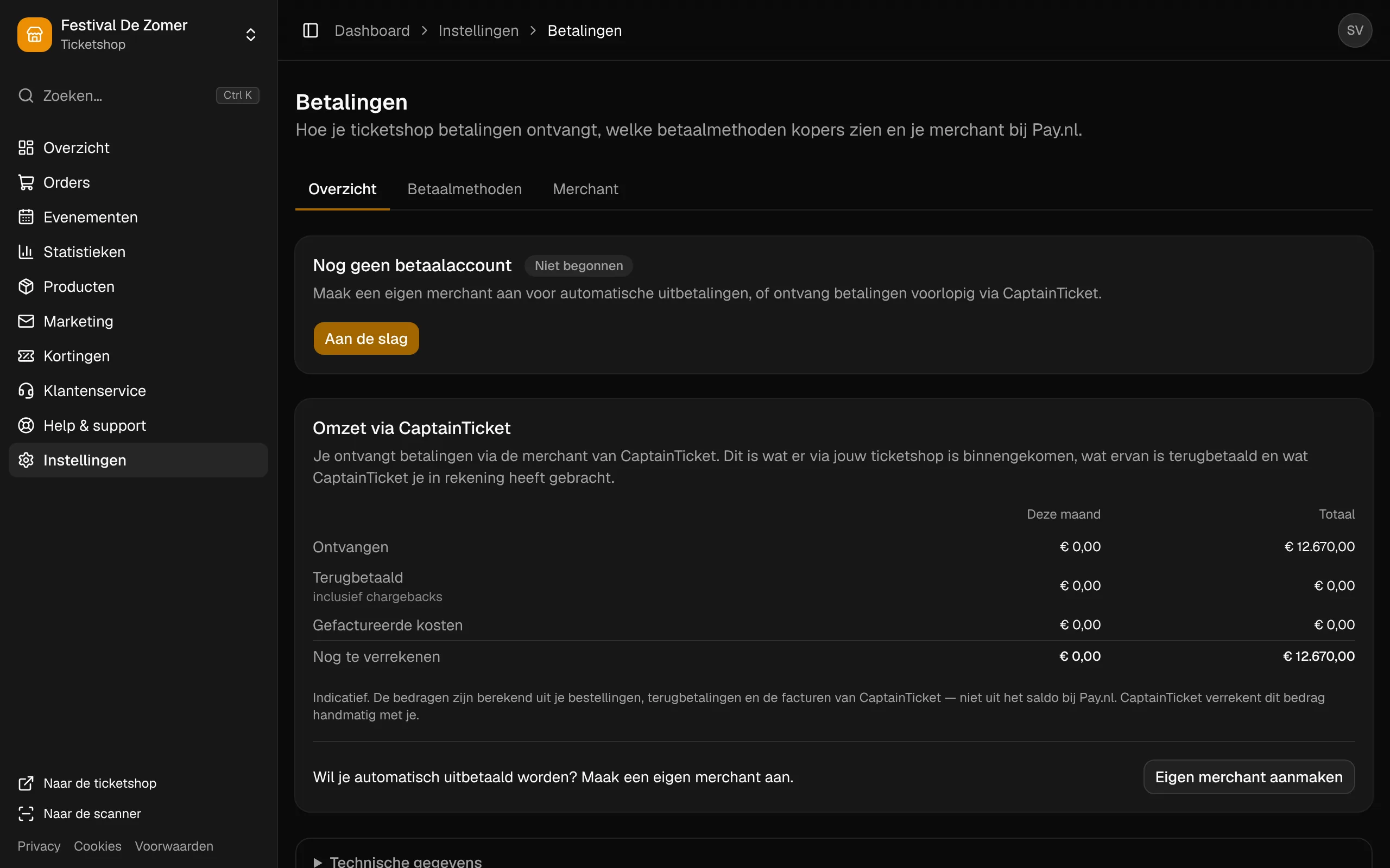 De pagina Betalingen, waar je kiest hoe je uitbetaald wordt.