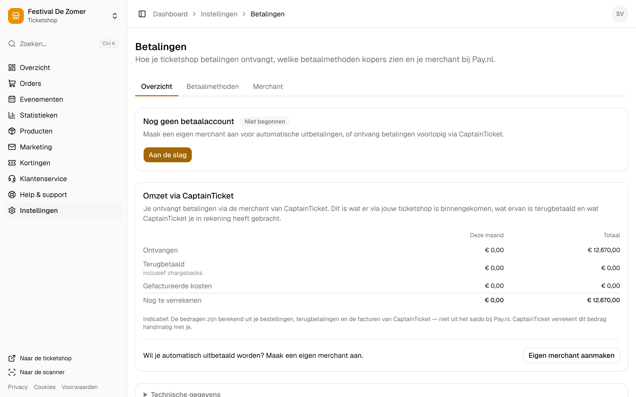 De pagina Betalingen, waar je kiest hoe je uitbetaald wordt.