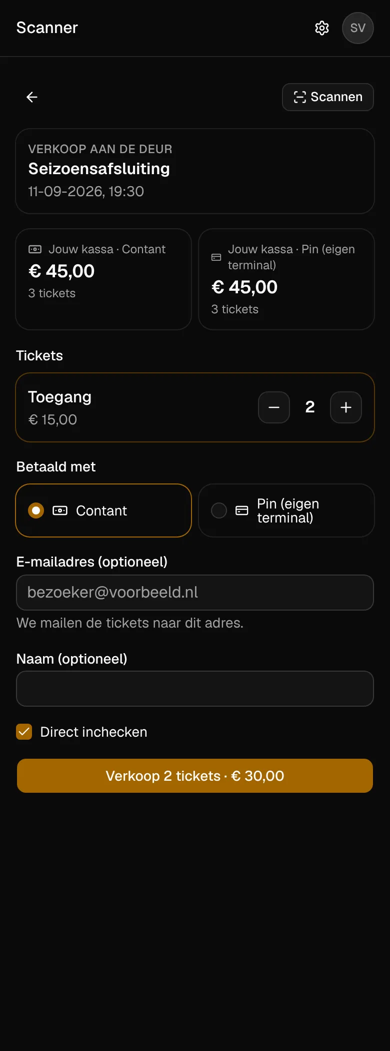 Tickets verkopen aan de deur: aantal, betaalwijze en e-mailadres.