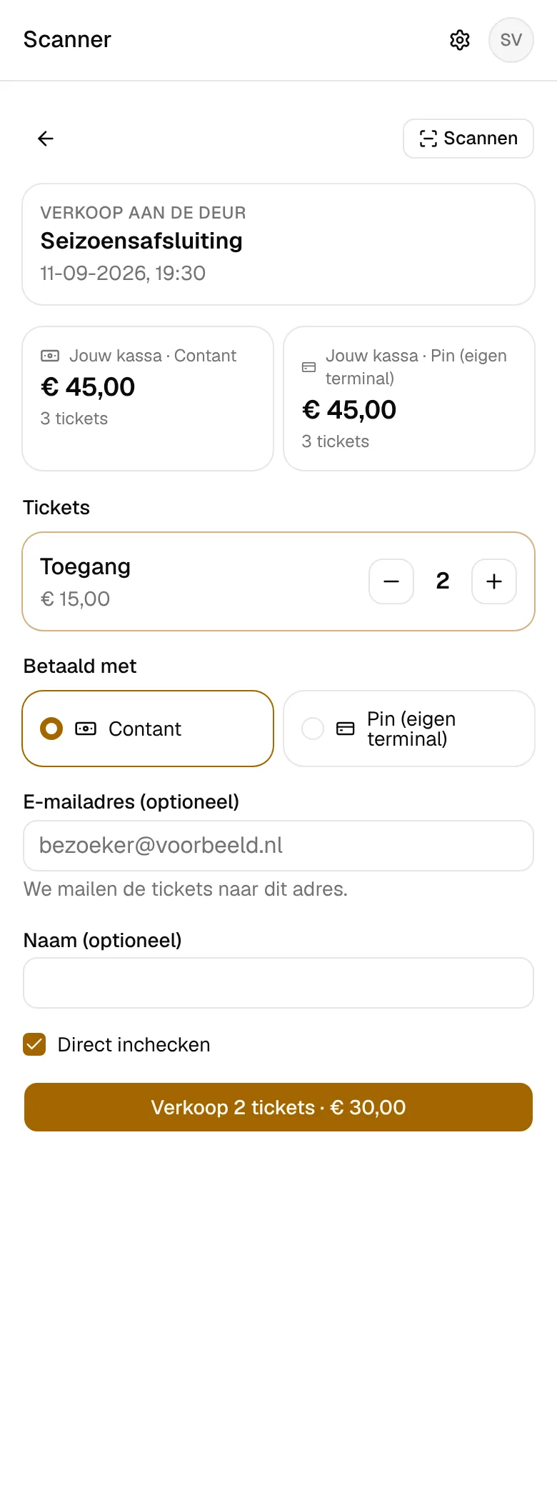 Tickets verkopen aan de deur: aantal, betaalwijze en e-mailadres.