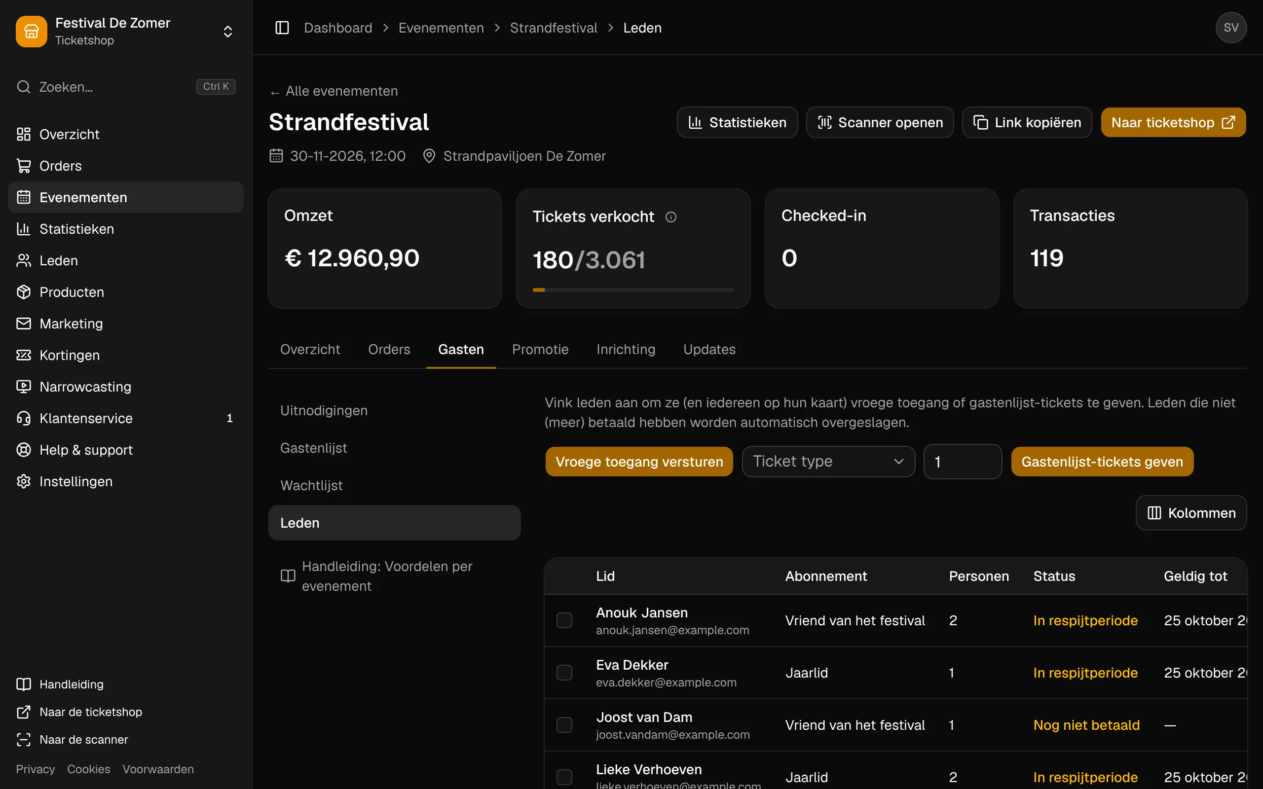Het onderdeel Leden van een evenement: vroege toegang en gastenlijsttickets.