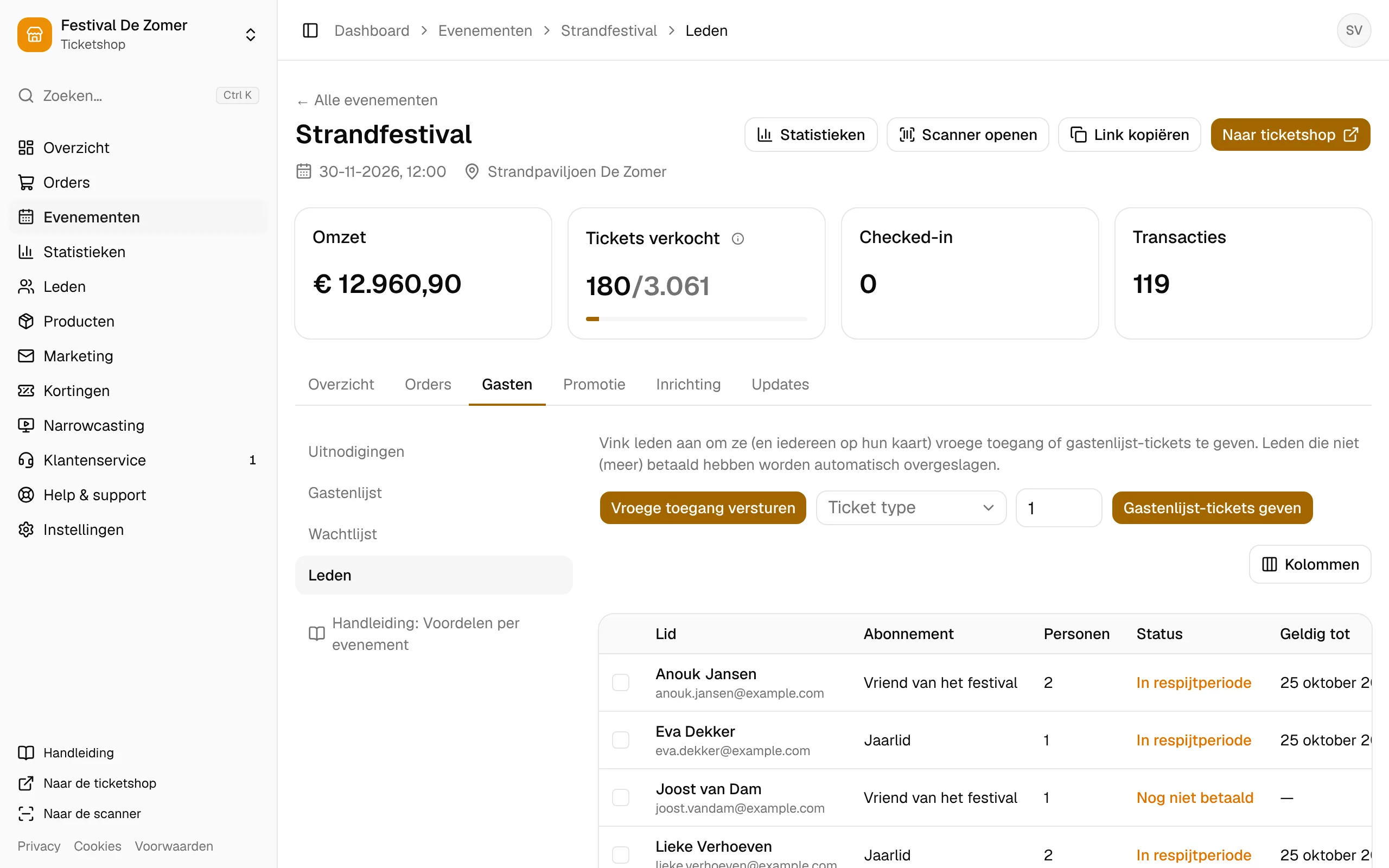 Het onderdeel Leden van een evenement: vroege toegang en gastenlijsttickets.