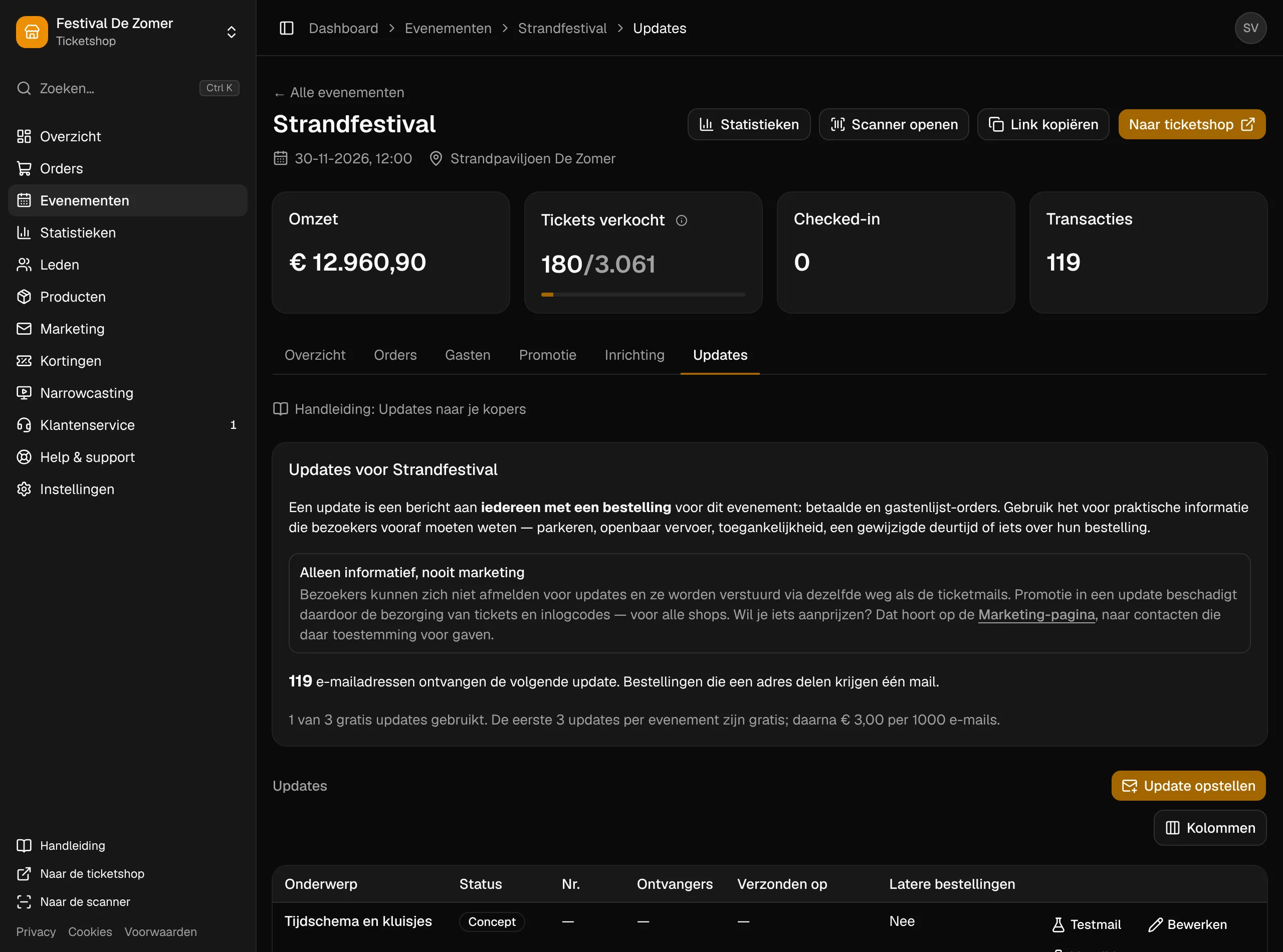 Het tabblad Updates van een evenement, met een verstuurde update en een concept.