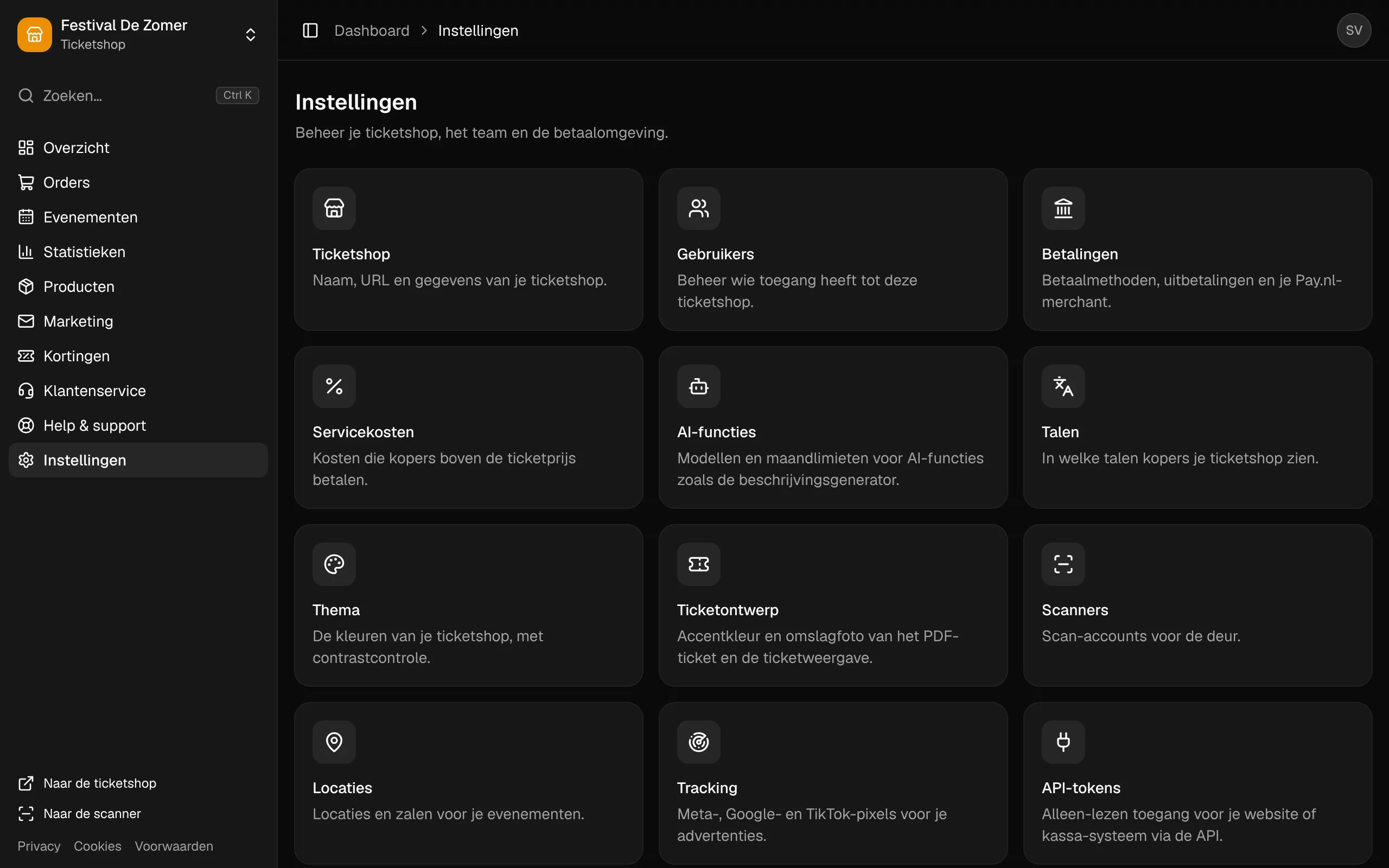 De pagina Instellingen met een kaart per onderdeel.