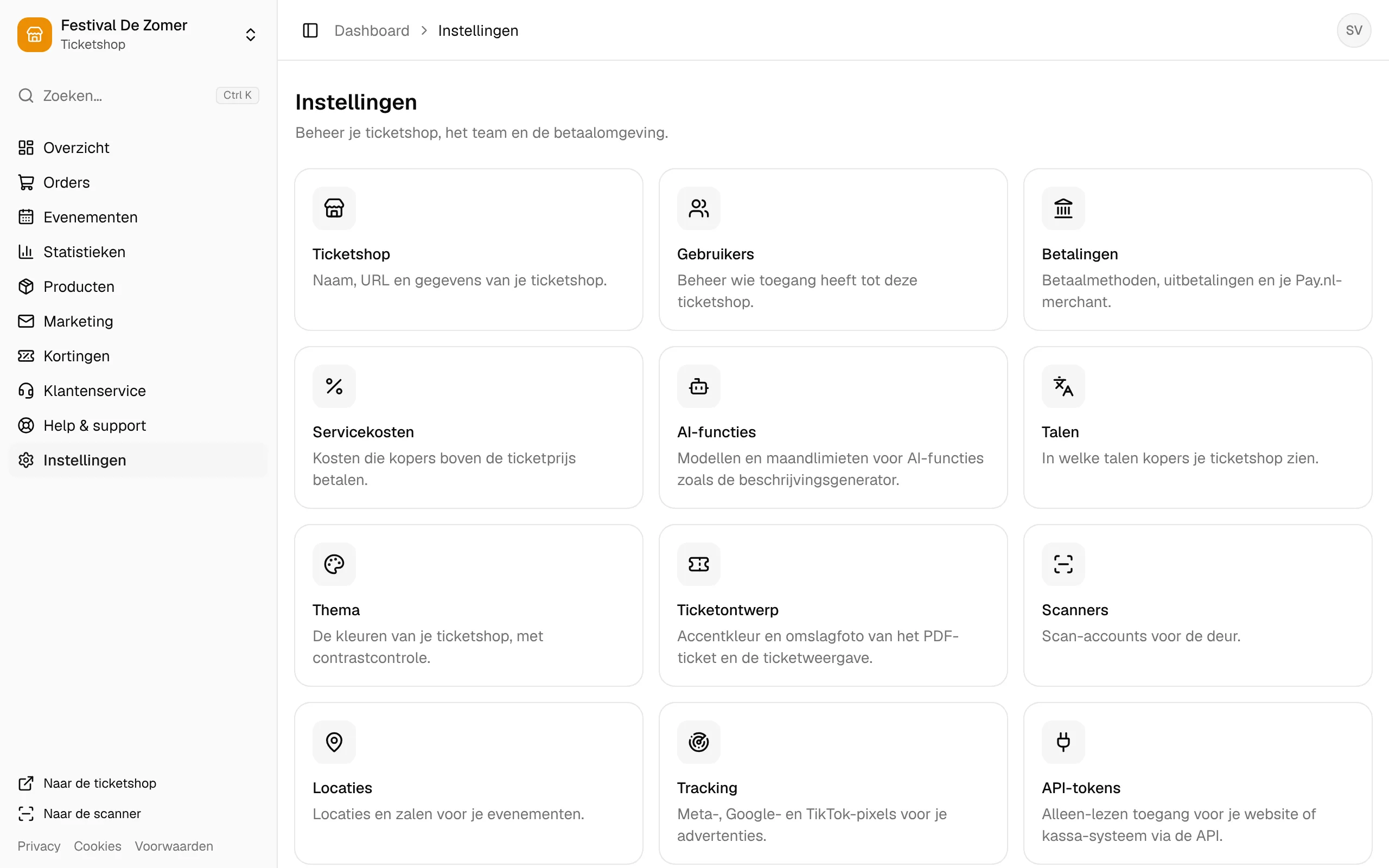 De pagina Instellingen met een kaart per onderdeel.