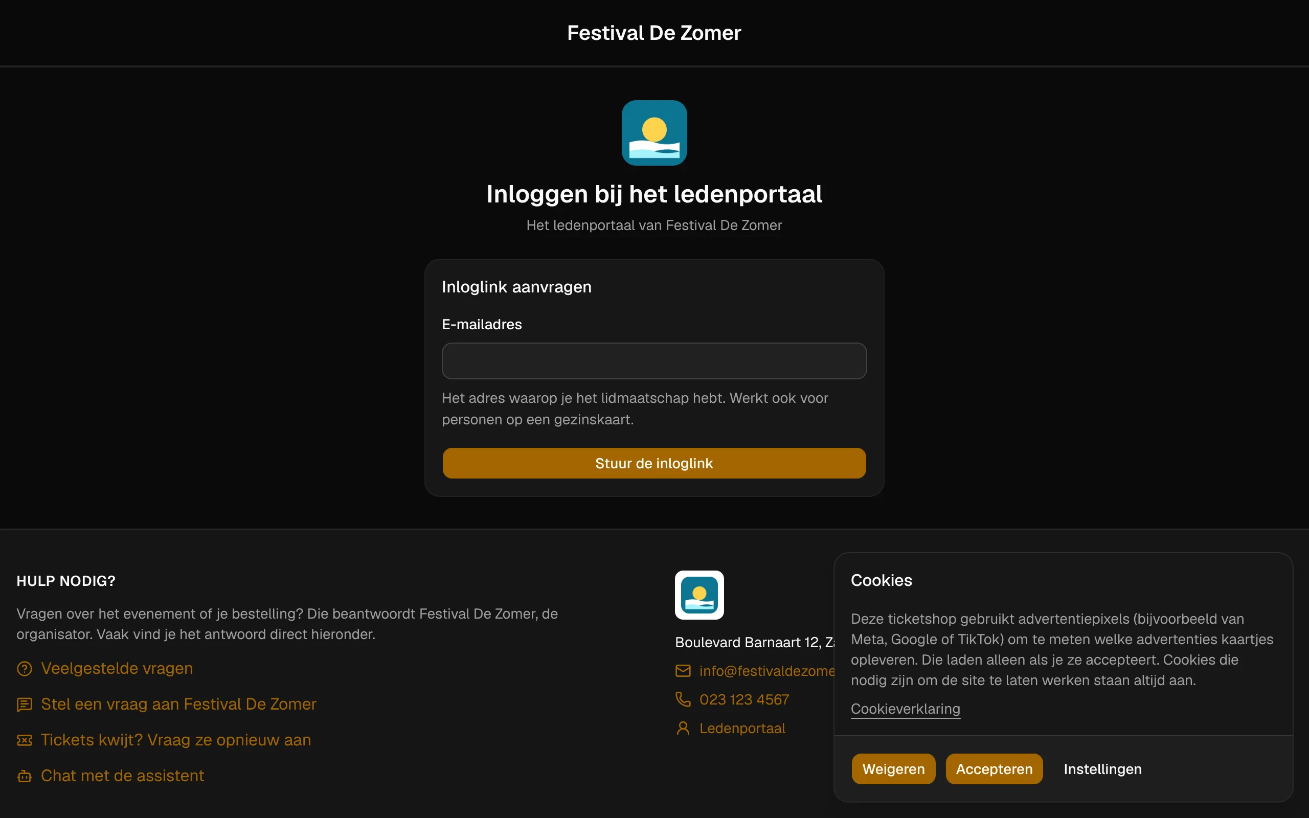 De inlogpagina van het ledenportaal in de ticketshop.