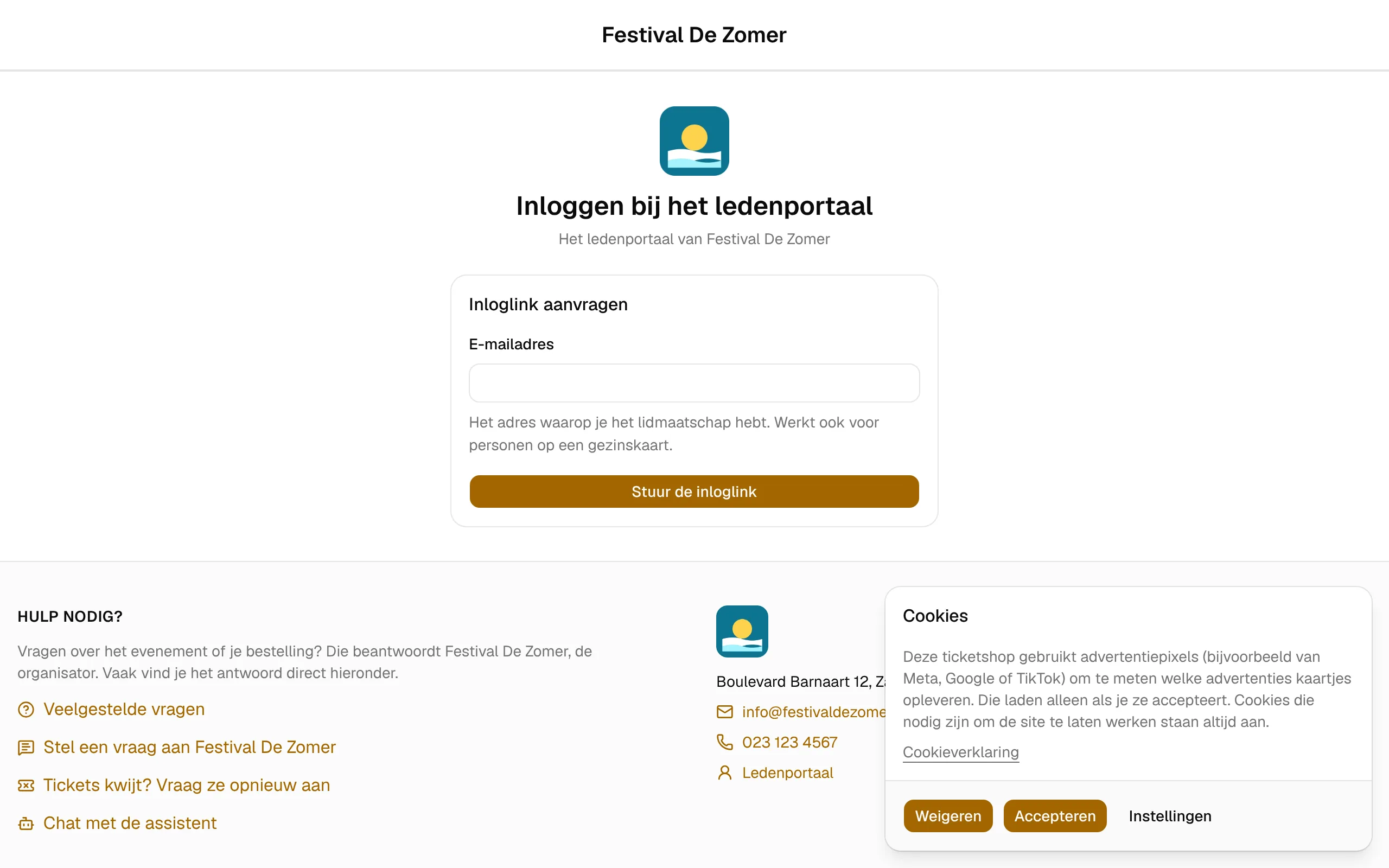 De inlogpagina van het ledenportaal in de ticketshop.
