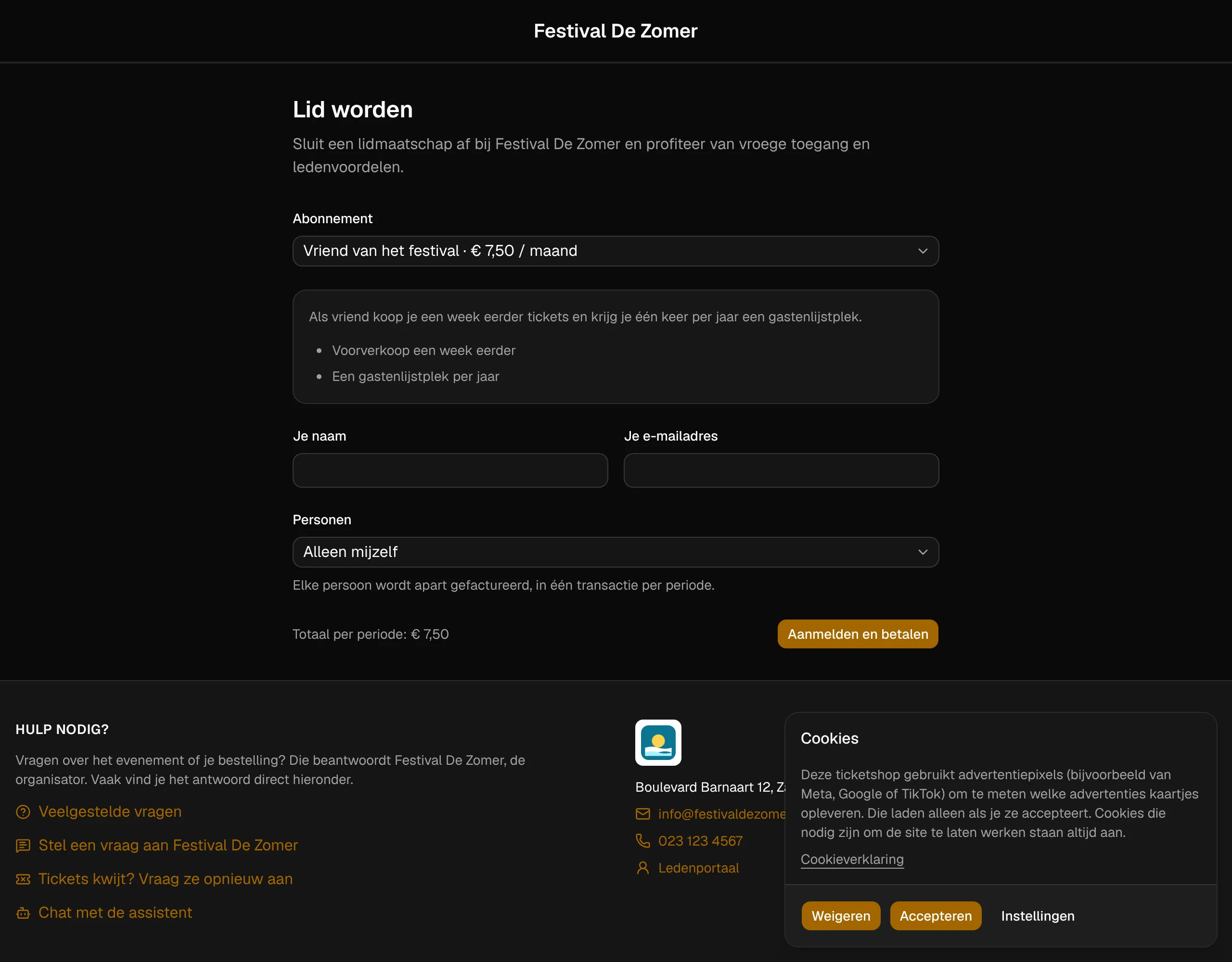 De openbare pagina Lid worden in de ticketshop.