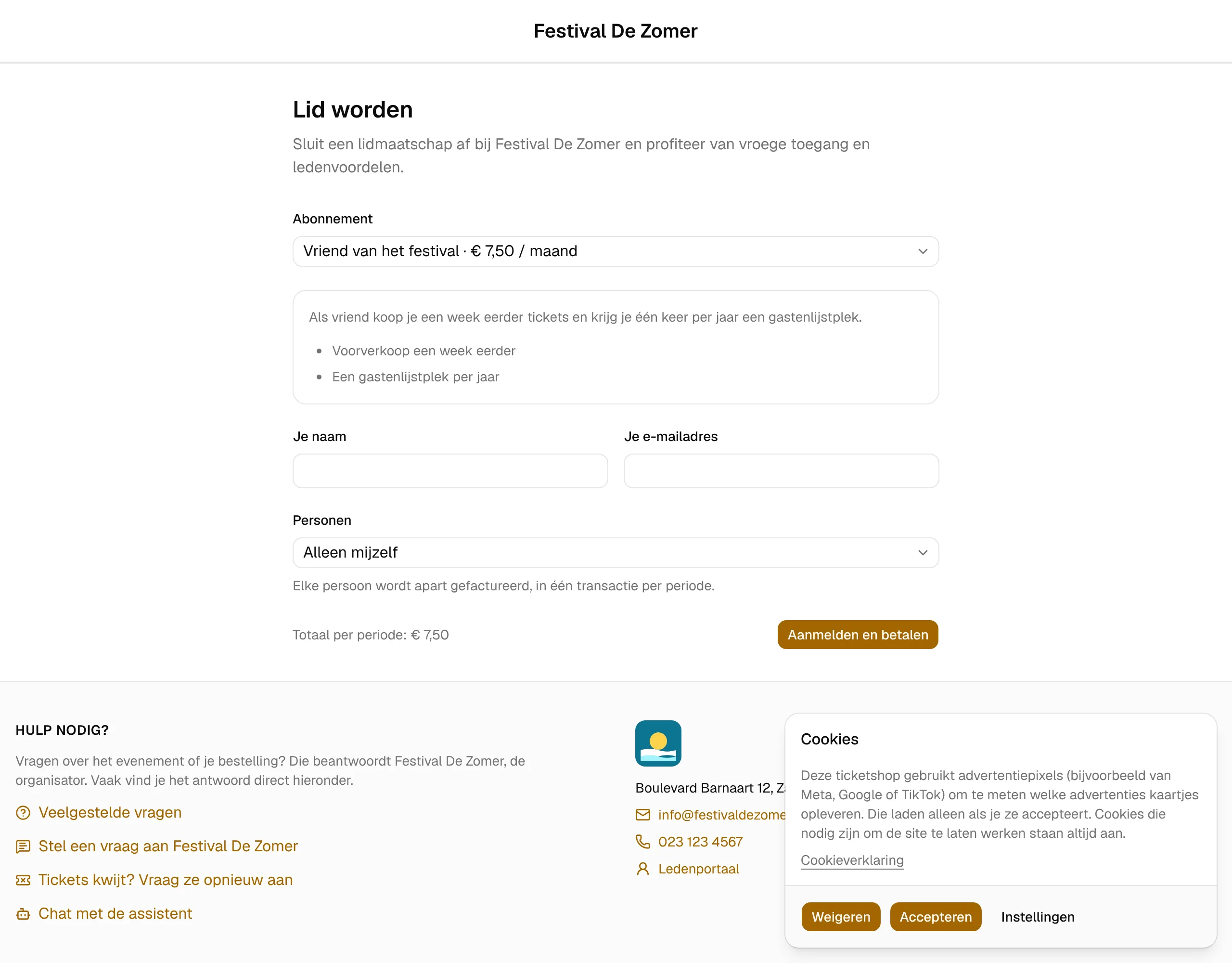 De openbare pagina Lid worden in de ticketshop.