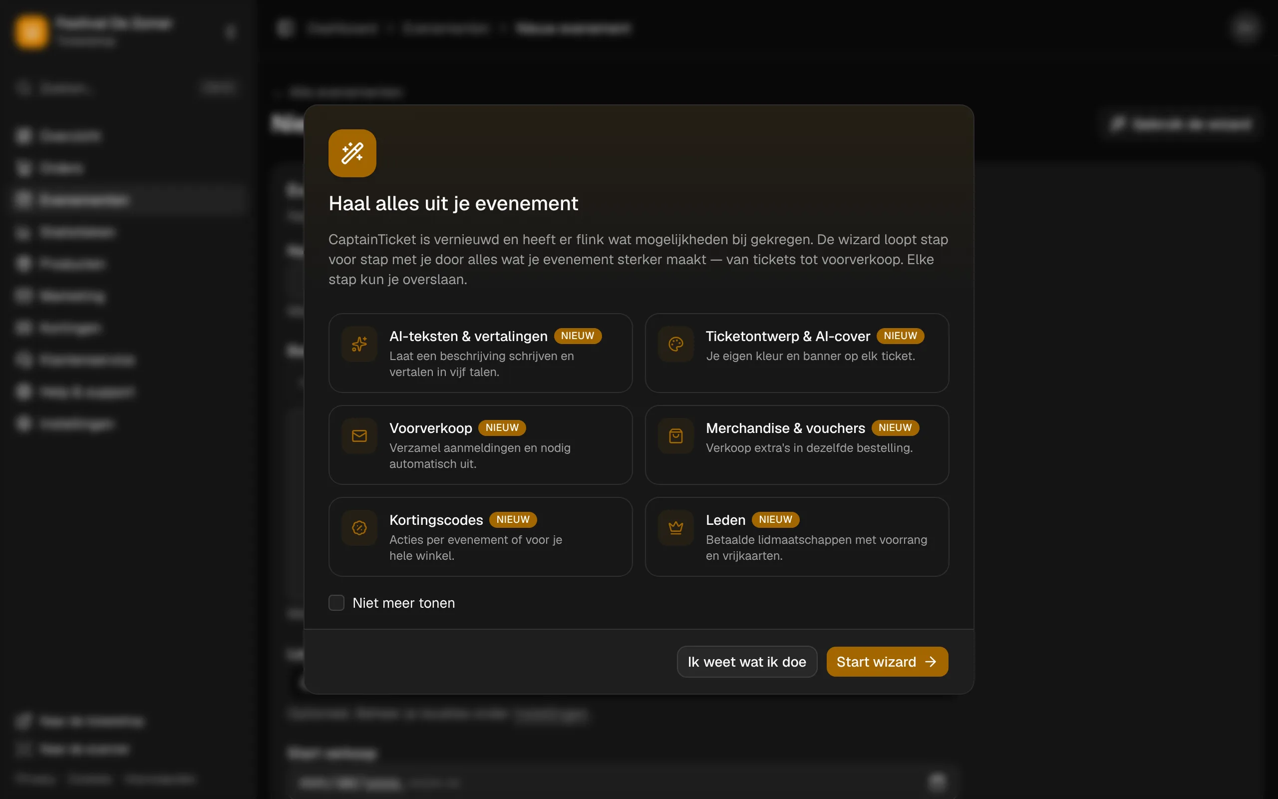De keuze tussen de wizard en het gewone formulier bij een nieuw evenement.
