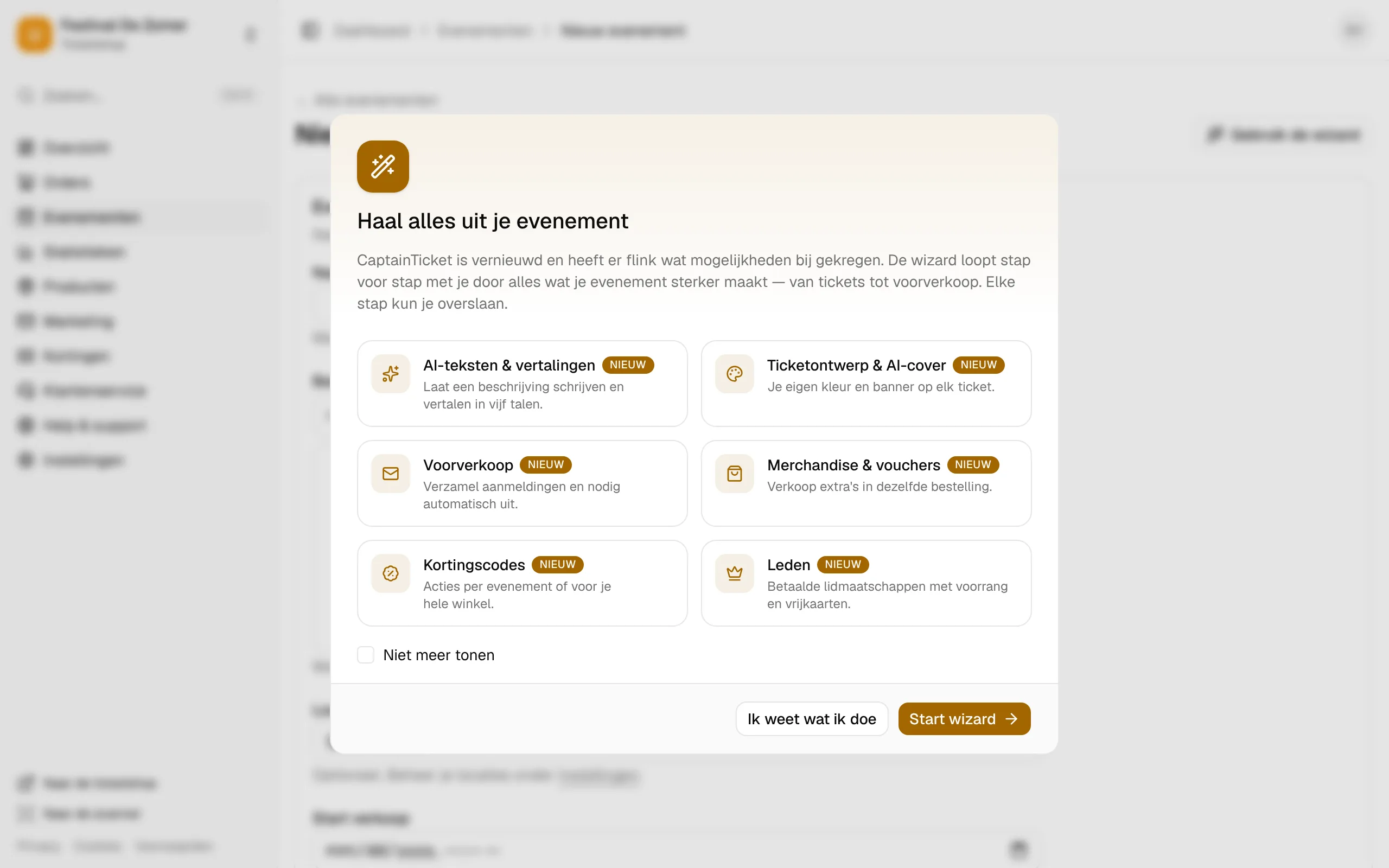De keuze tussen de wizard en het gewone formulier bij een nieuw evenement.
