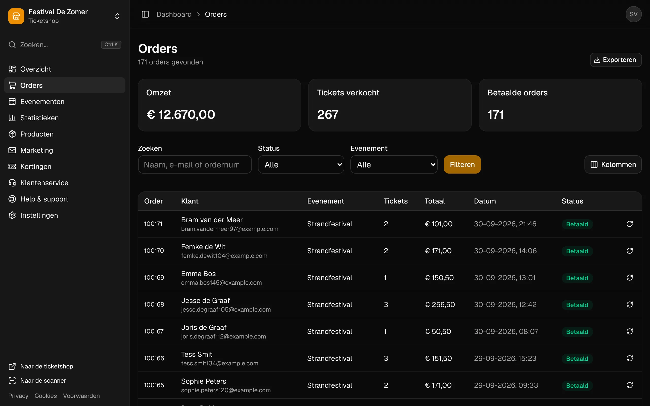 De lijst met orders, met zoeken en filters.