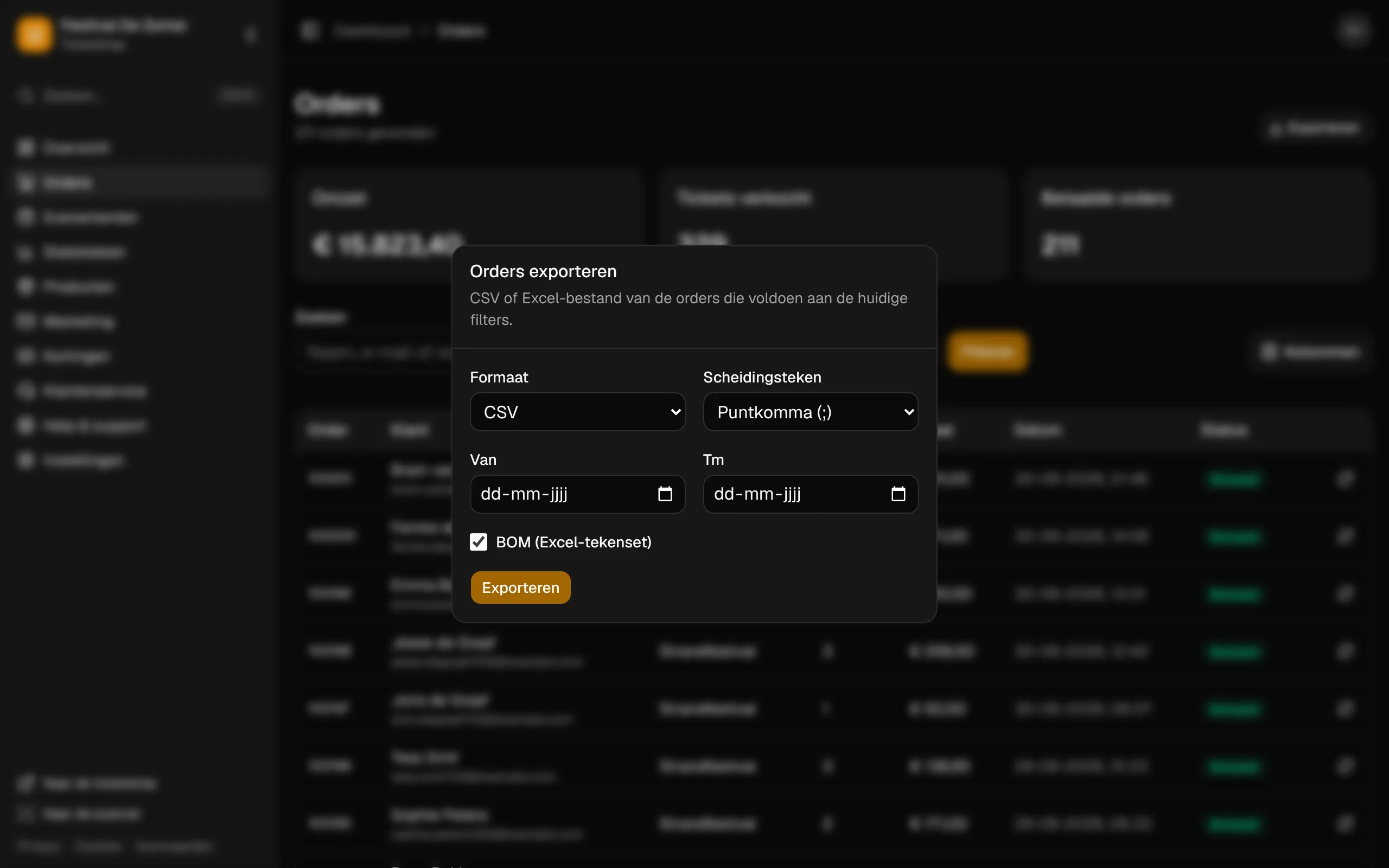 Orders exporteren als CSV- of Excel-bestand.