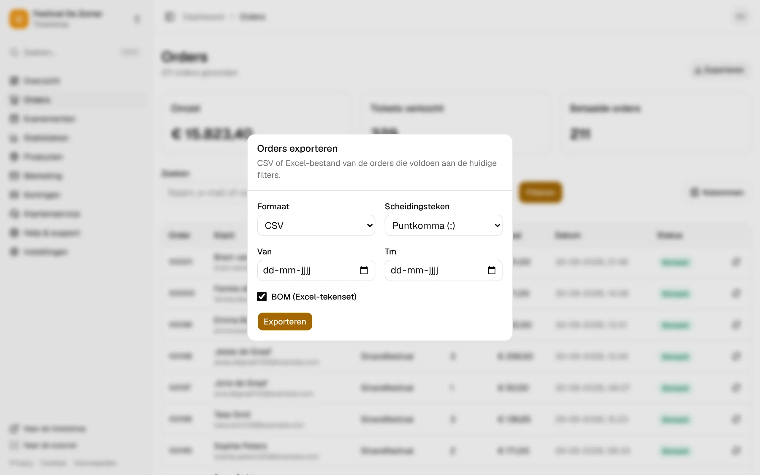 Orders exporteren als CSV- of Excel-bestand.