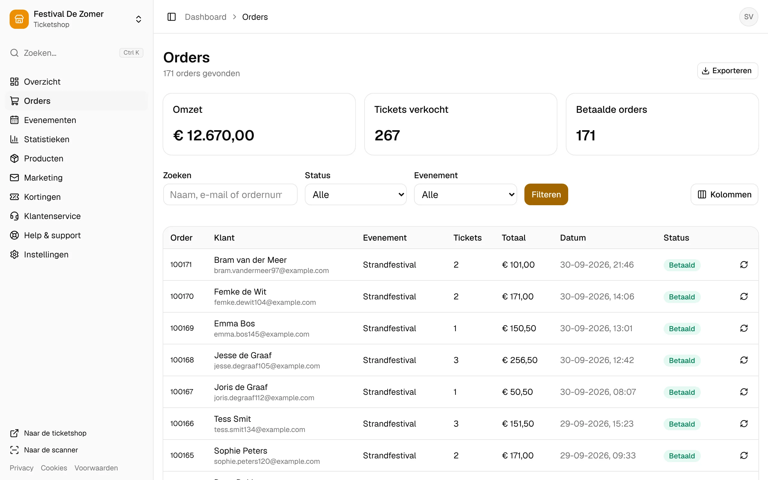 De lijst met orders, met zoeken en filters.