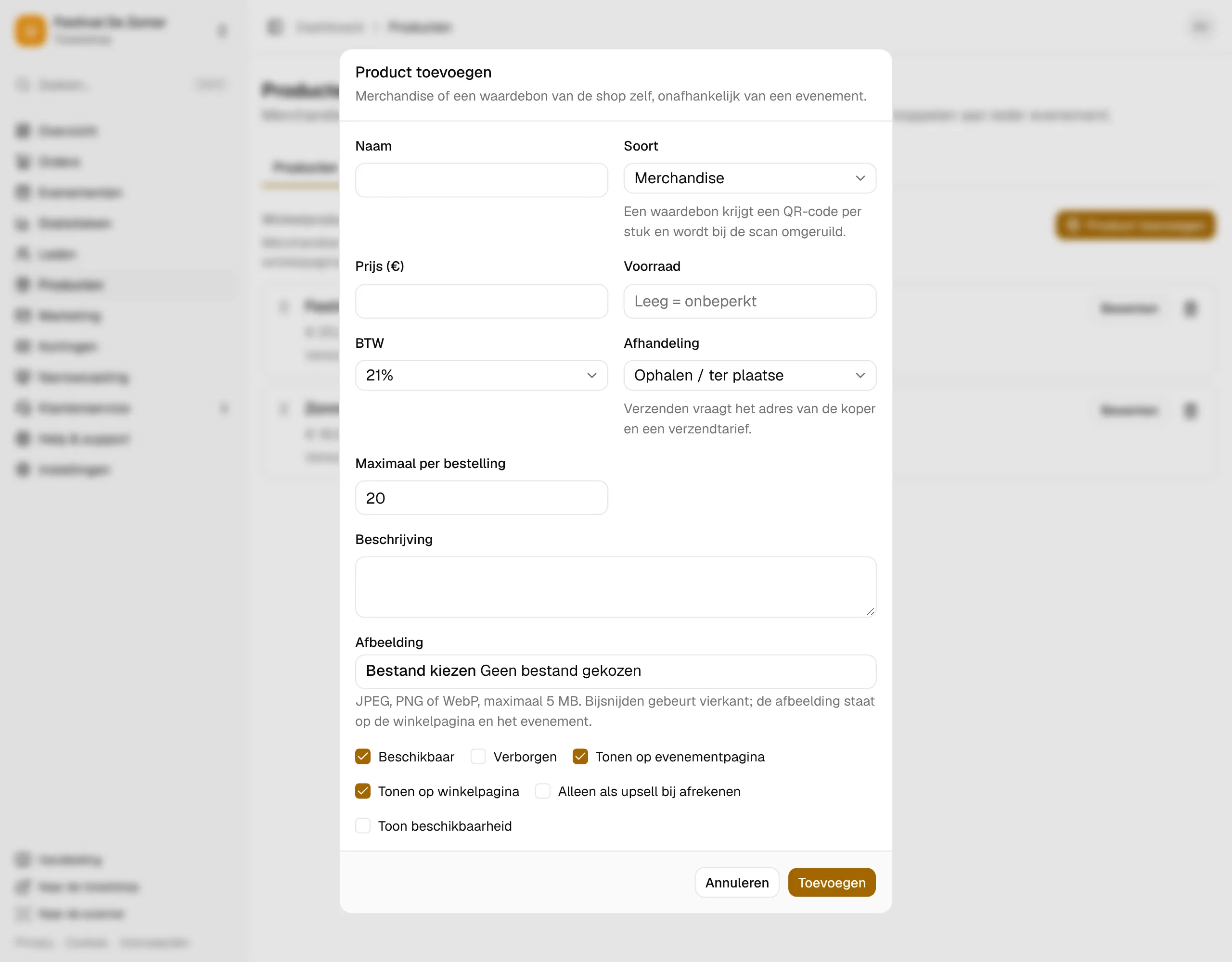 Het venster Product toevoegen.