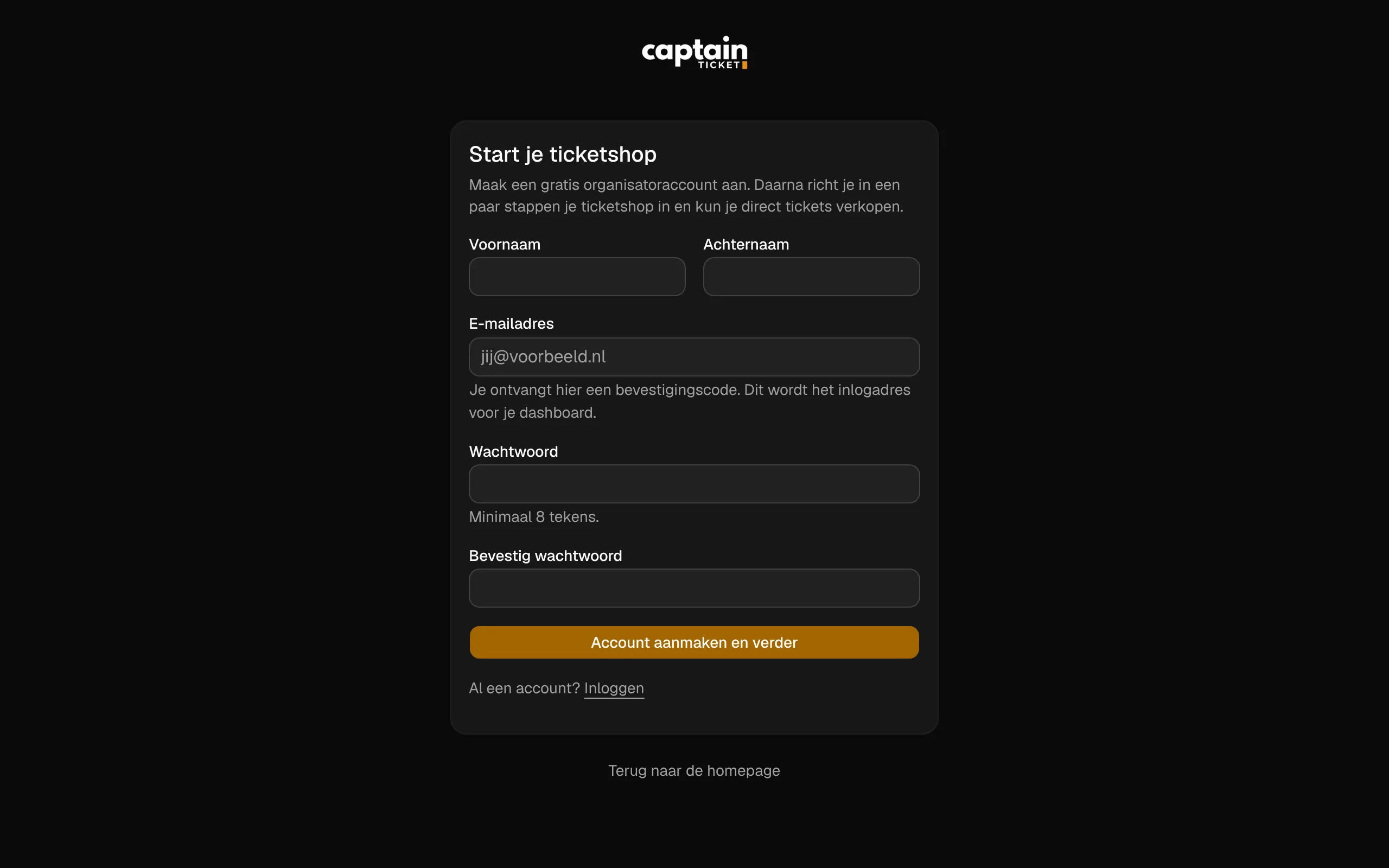 Het registratieformulier om een ticketshop te starten.