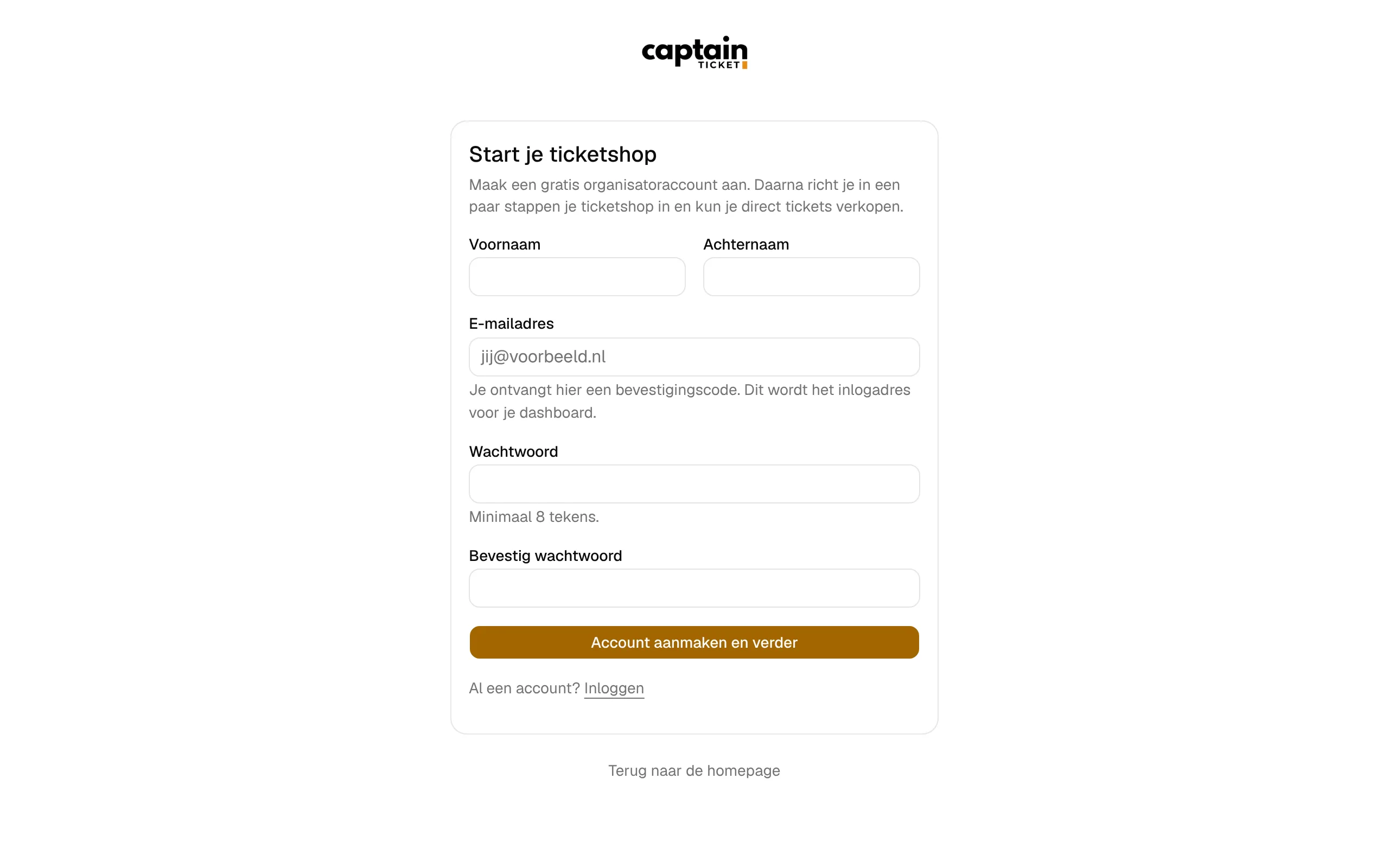 Het registratieformulier om een ticketshop te starten.