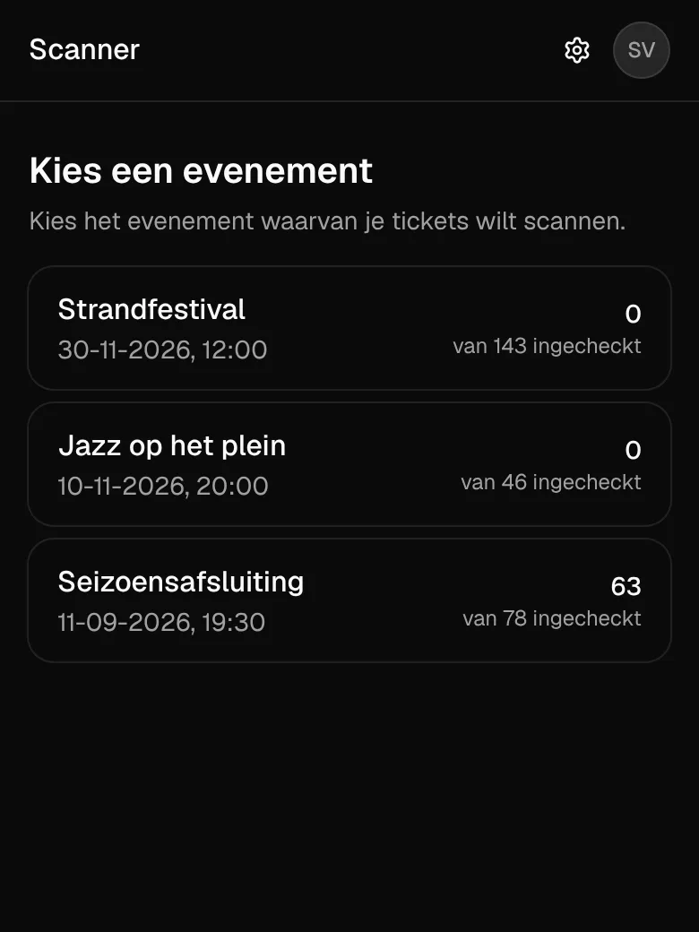 De scanner op een telefoon: kies het evenement.