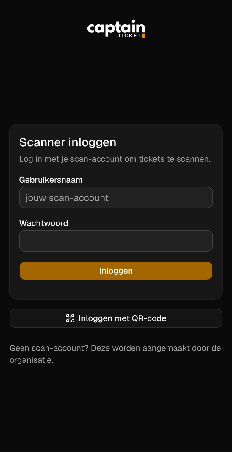 Het inlogscherm voor deurpersoneel, met inloggen via een QR-code.