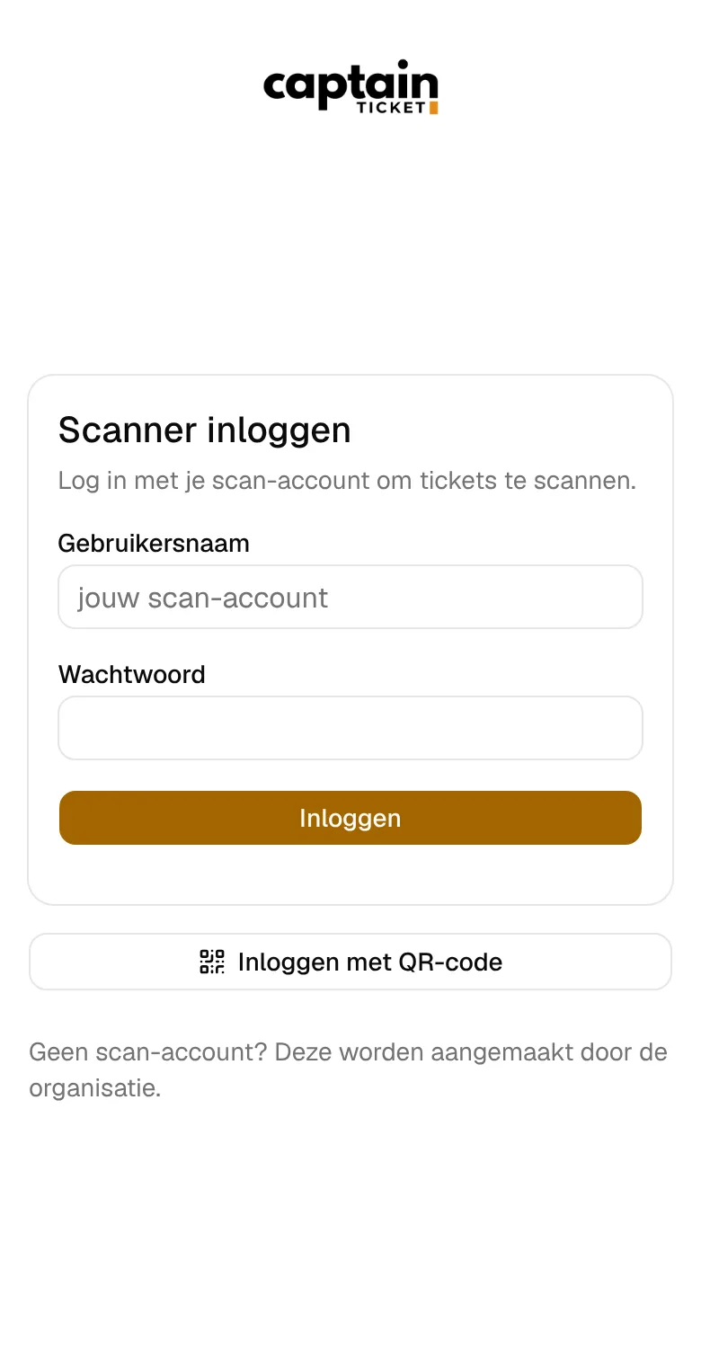 Het inlogscherm voor deurpersoneel, met inloggen via een QR-code.