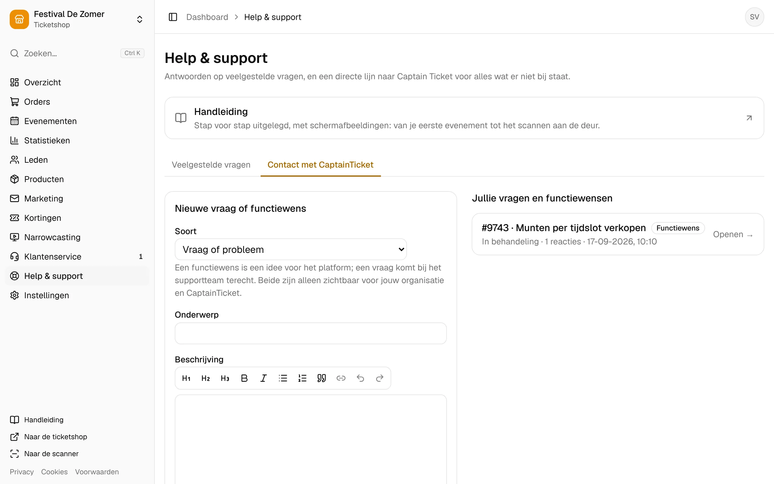 Het formulier om CaptainTicket een vraag of functiewens te sturen.
