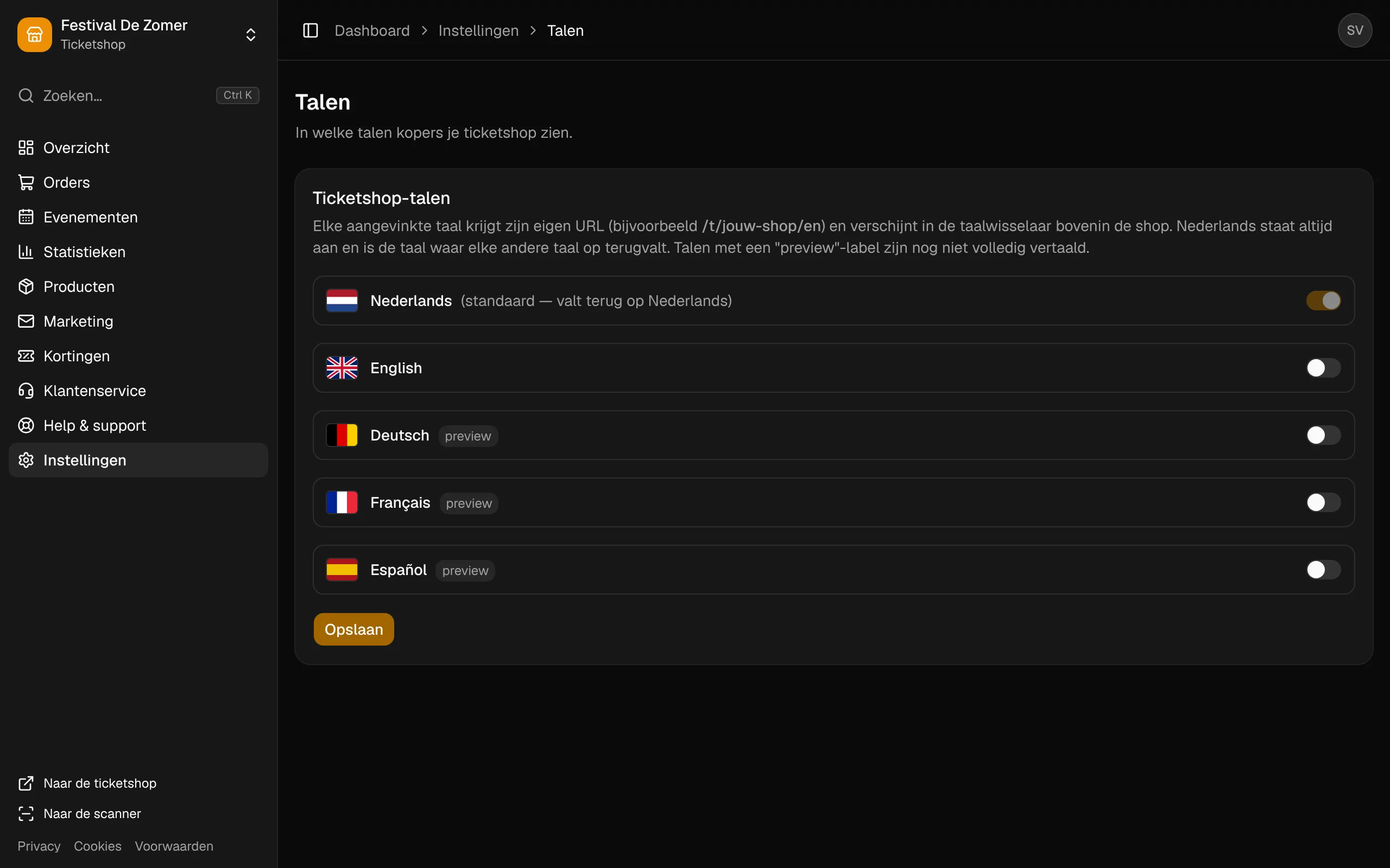 De talen van de ticketshop, met Nederlands altijd aan.