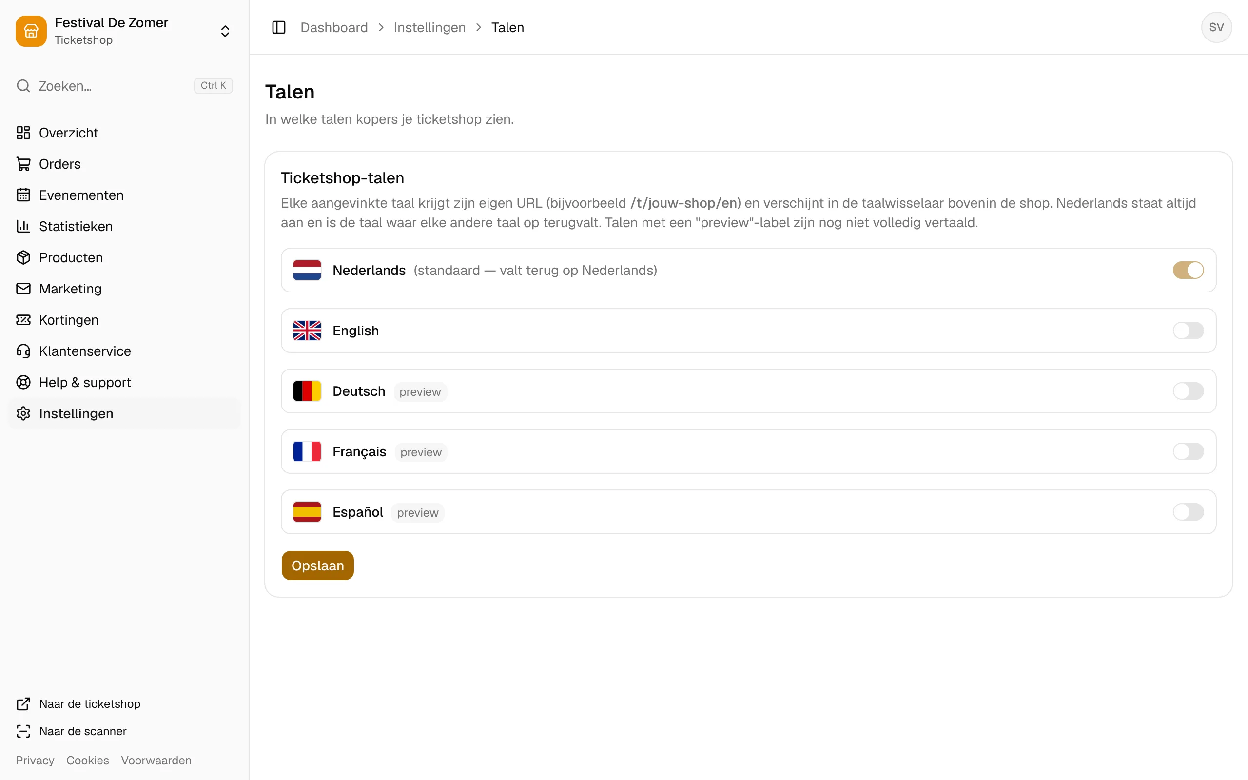 De talen van de ticketshop, met Nederlands altijd aan.