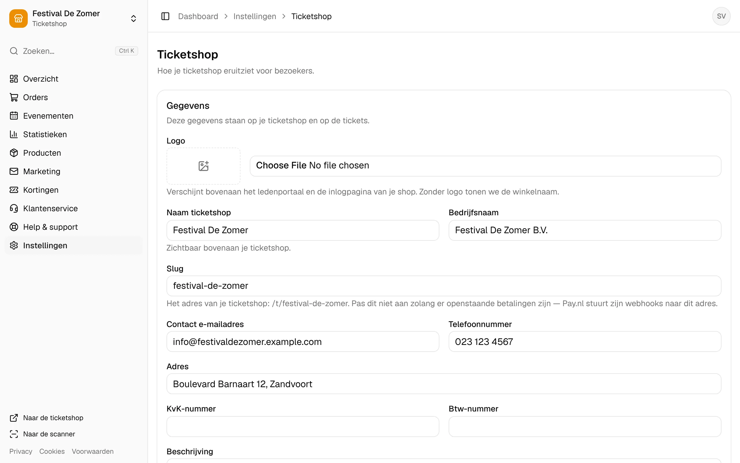 De gegevens van de ticketshop: naam, webadres, contactgegevens en logo.