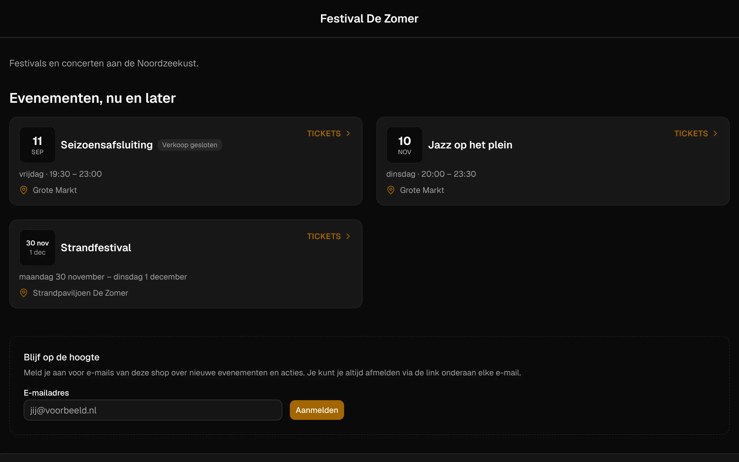 De ticketshop zoals bezoekers hem zien, met de komende evenementen.