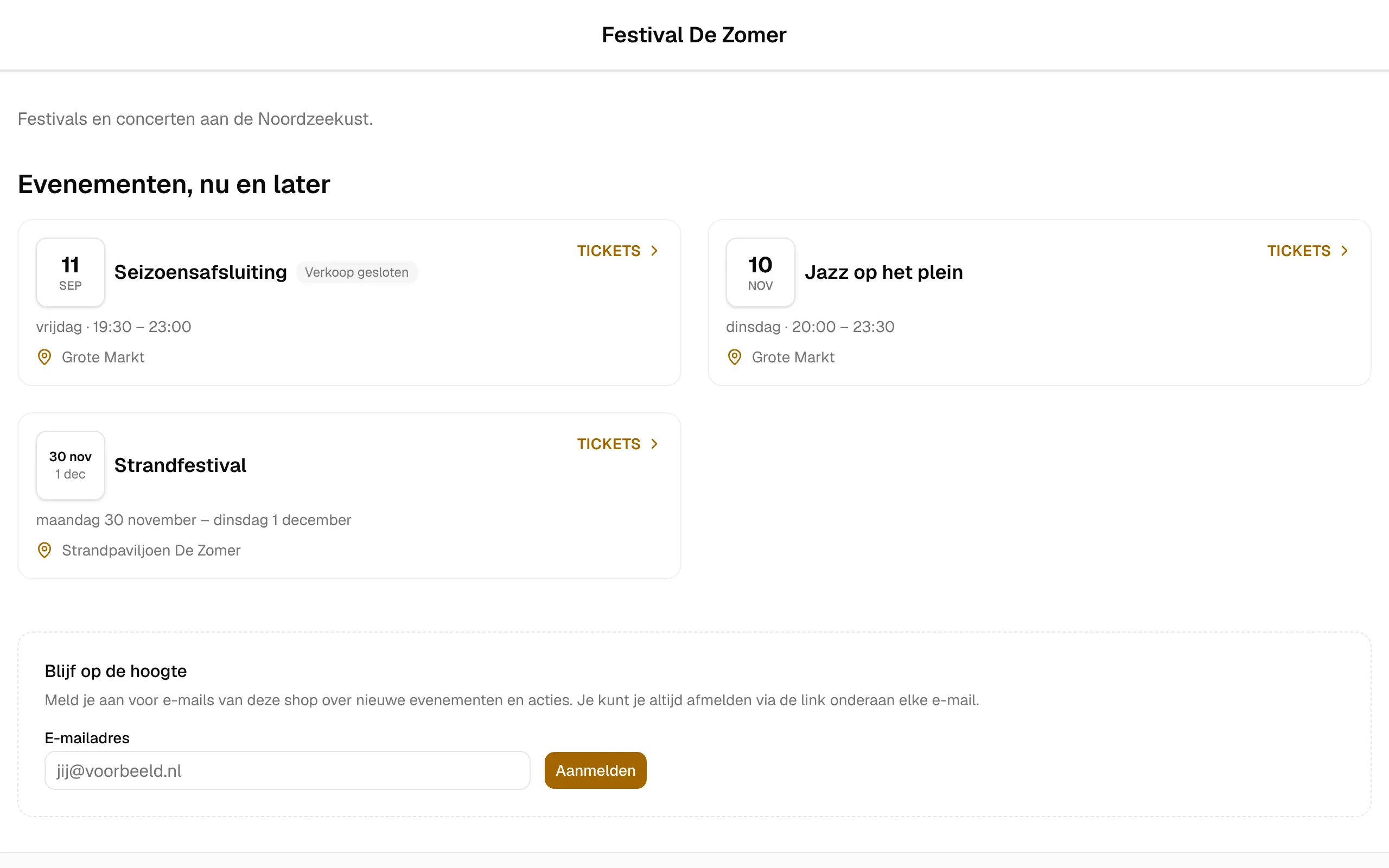 De ticketshop zoals bezoekers hem zien, met de komende evenementen.