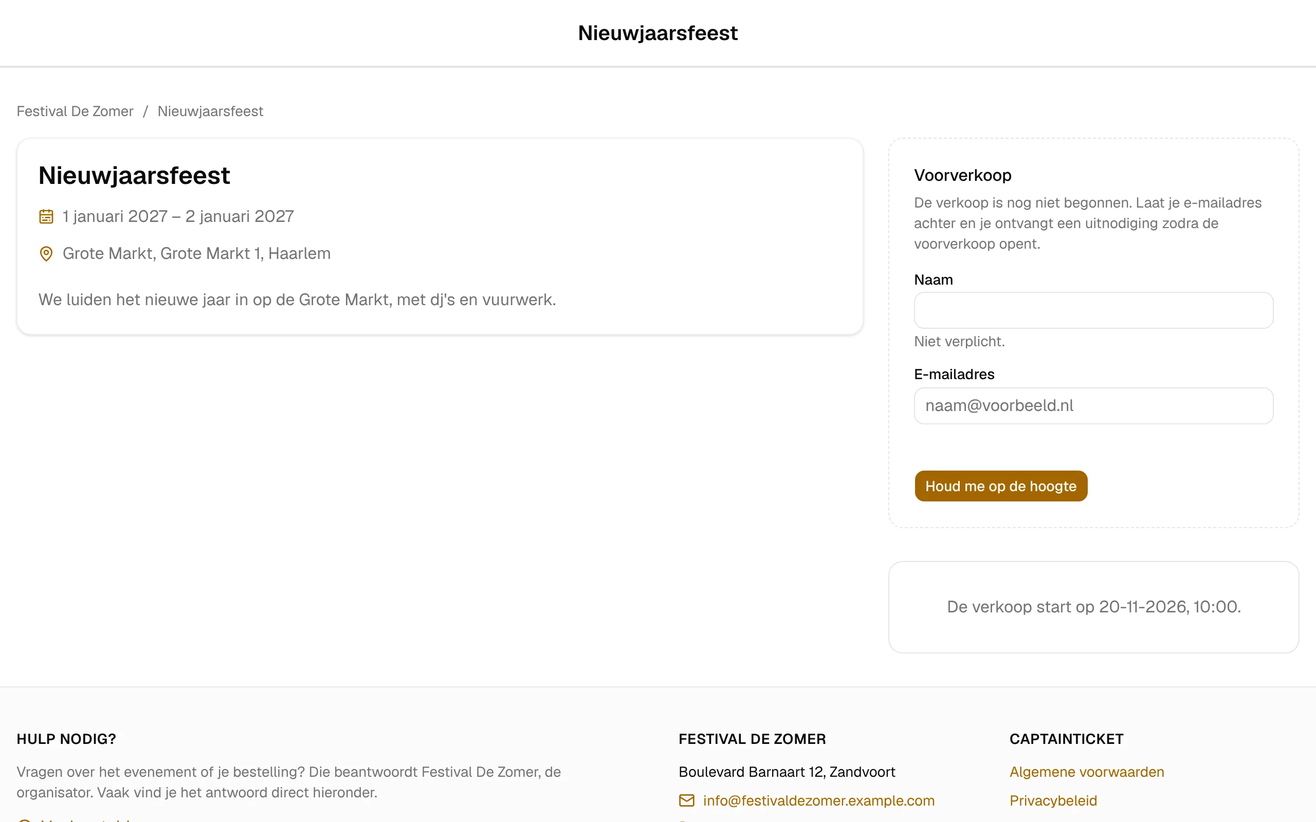 Het aanmeldformulier voor de voorverkoop op de evenementpagina.