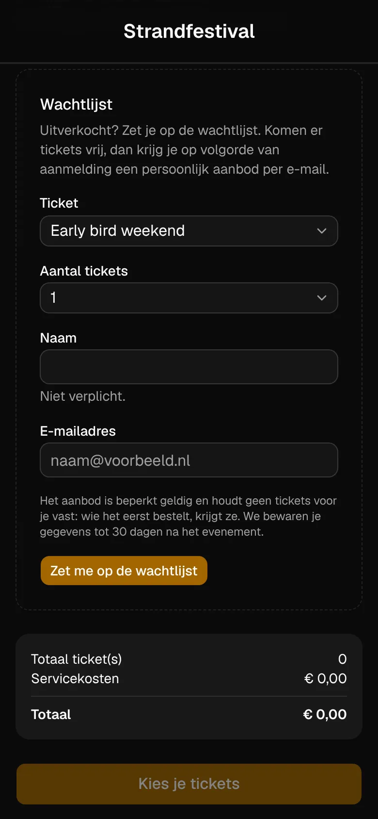 Het formulier om op de wachtlijst te komen, op een telefoon.