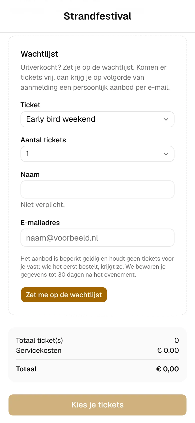 Het formulier om op de wachtlijst te komen, op een telefoon.