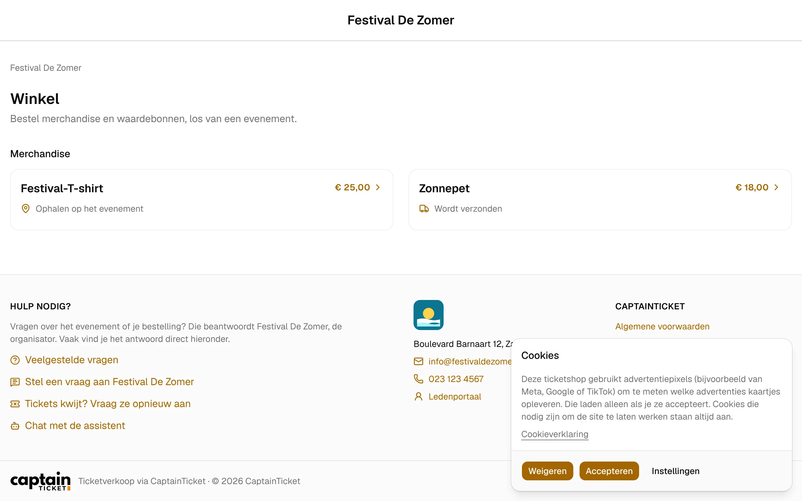 De winkel van de ticketshop, met producten los van een evenement.