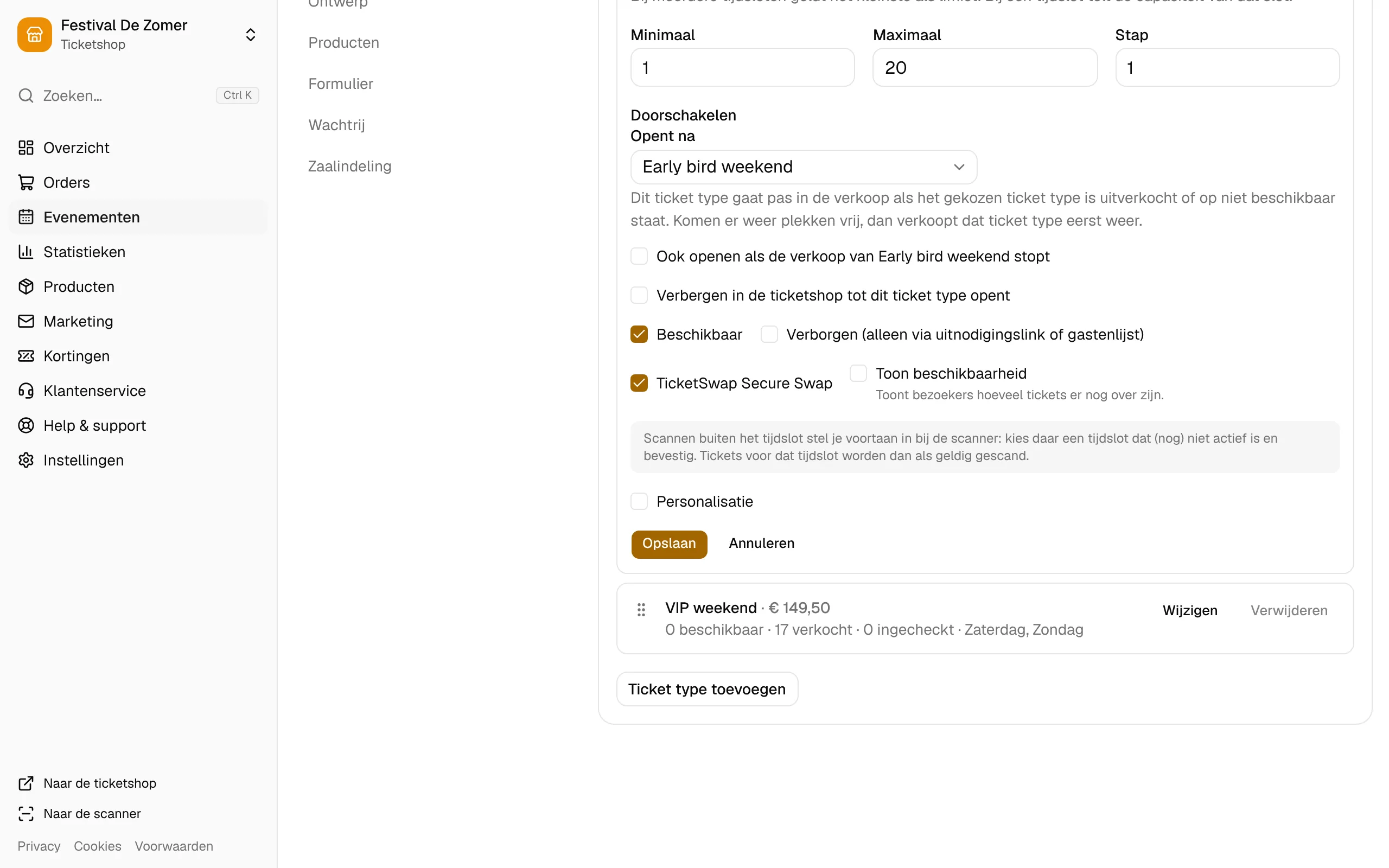 Een ticketsoort die opent als de early bird-tickets op zijn.