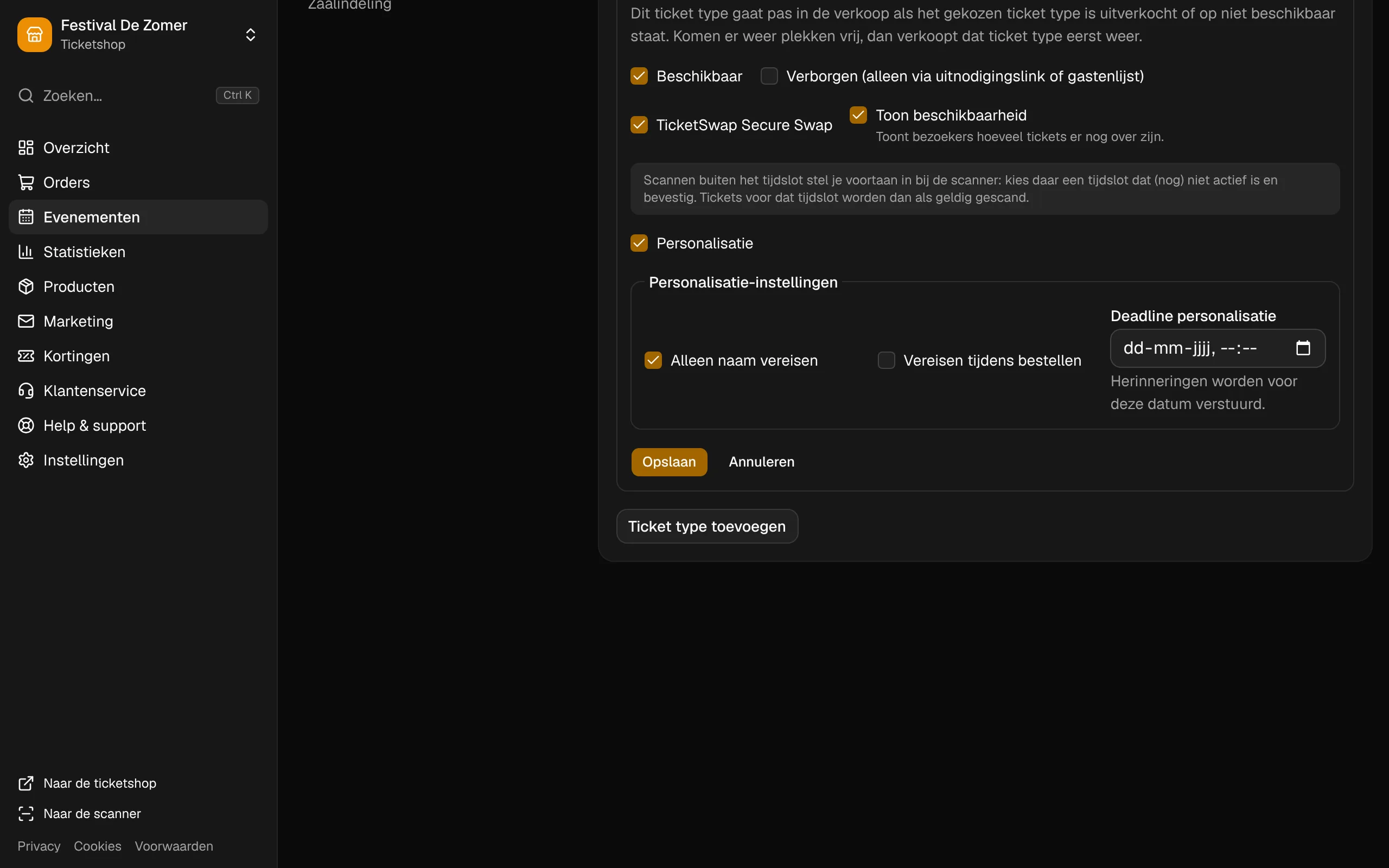 De personalisatie van een ticketsoort: naam, moment en deadline.