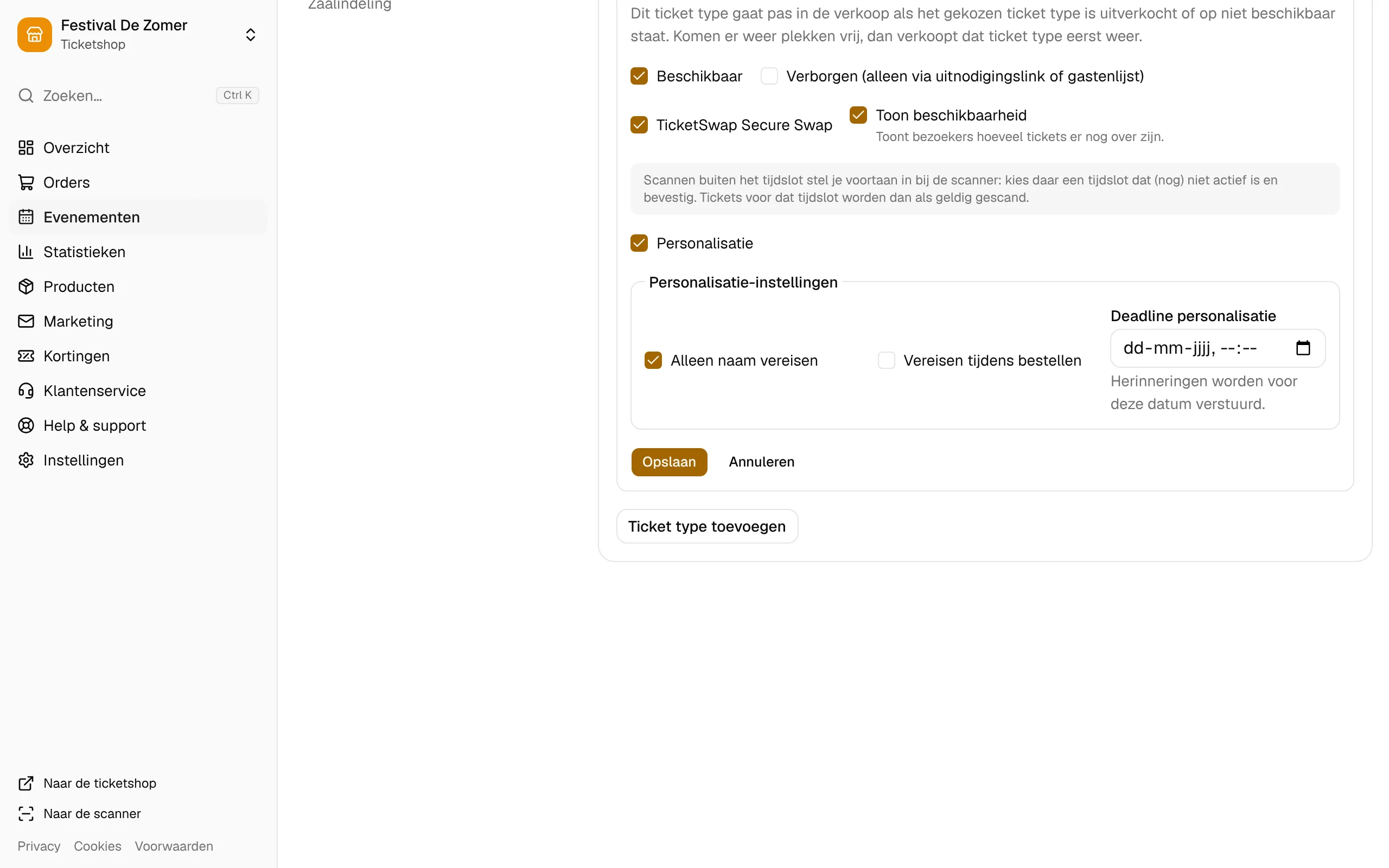 De personalisatie van een ticketsoort: naam, moment en deadline.