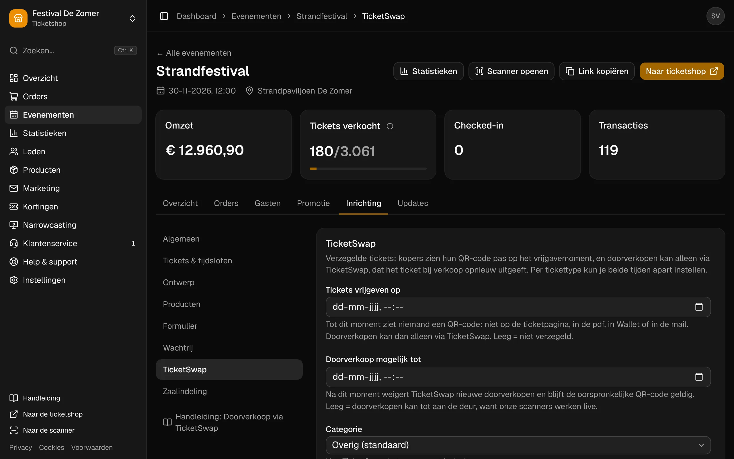 Het onderdeel TicketSwap van een evenement, met de vrijgavetijd van de tickets.