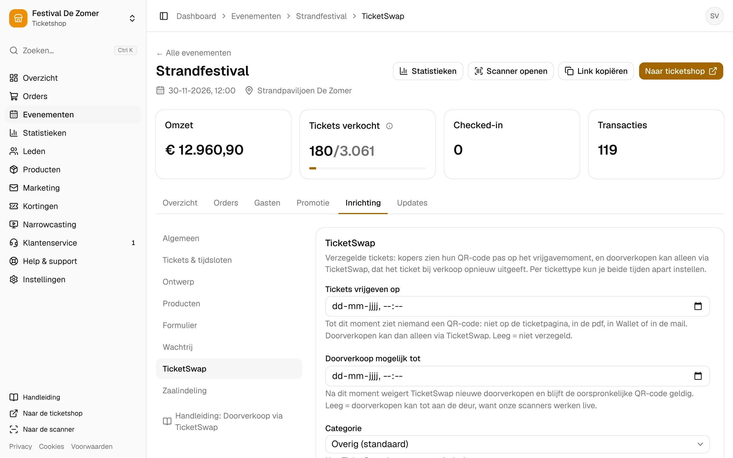 Het onderdeel TicketSwap van een evenement, met de vrijgavetijd van de tickets.