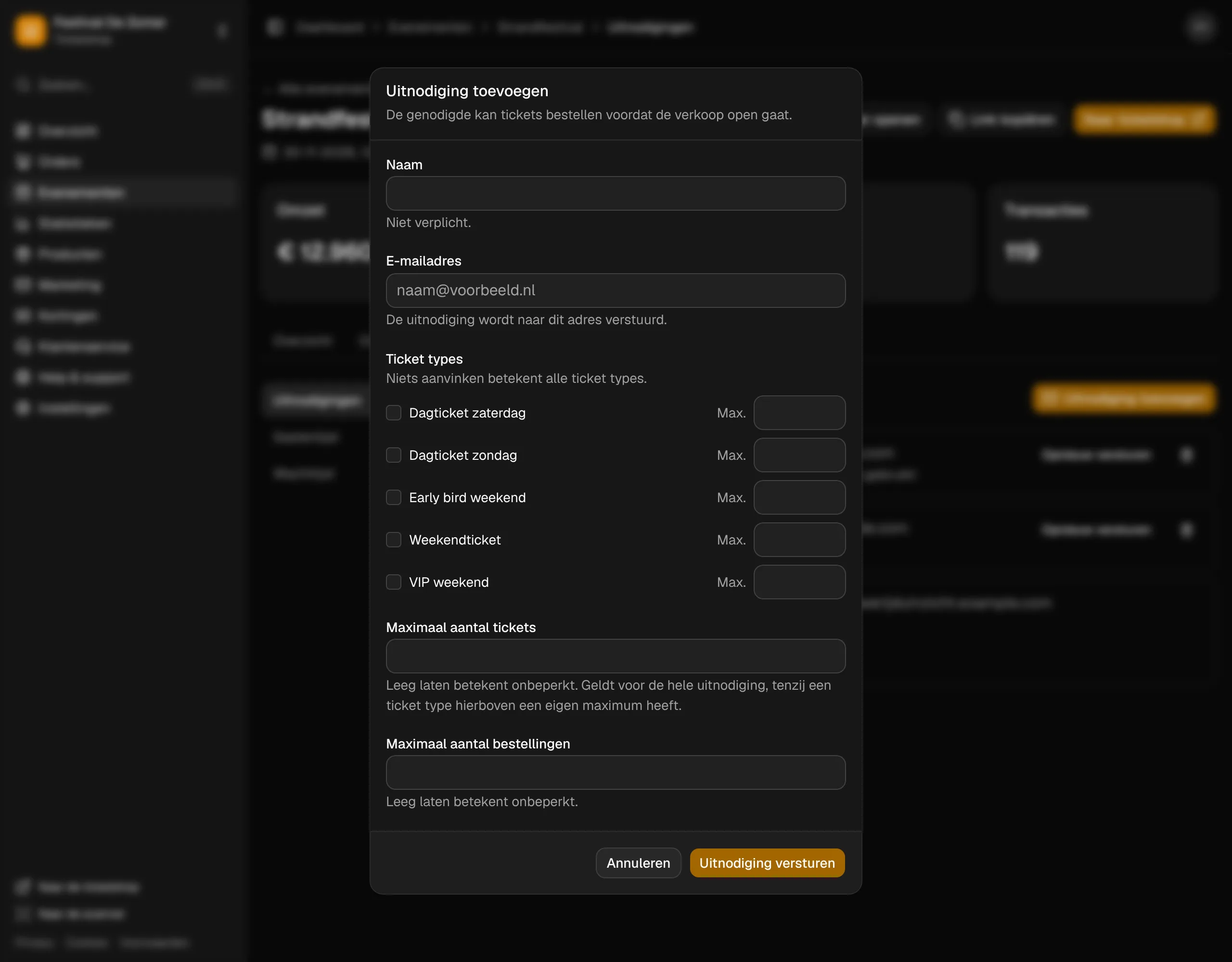 Een uitnodiging aanmaken: naam, ticketsoorten en limieten.