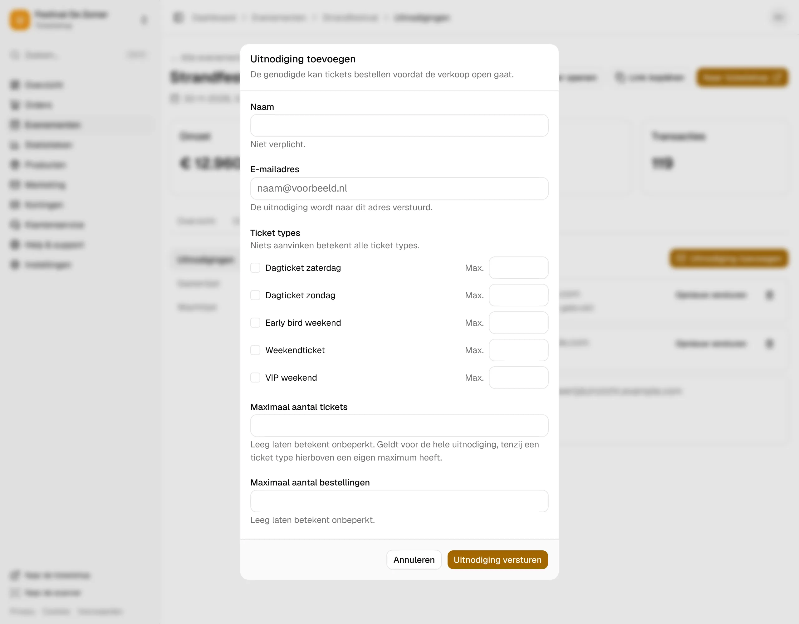 Een uitnodiging aanmaken: naam, ticketsoorten en limieten.