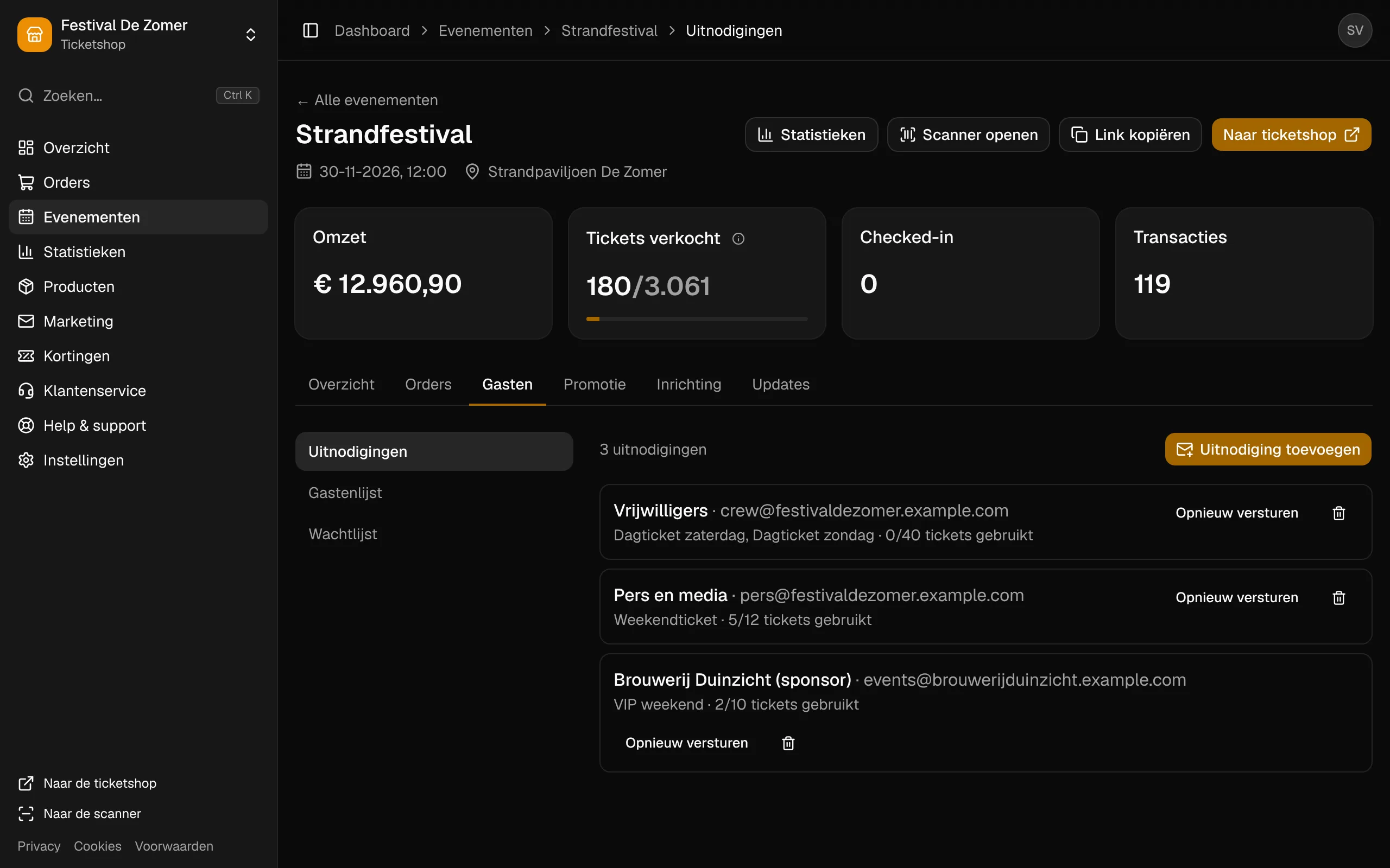 De uitnodigingen van een evenement, met hoeveel tickets er al gebruikt zijn.