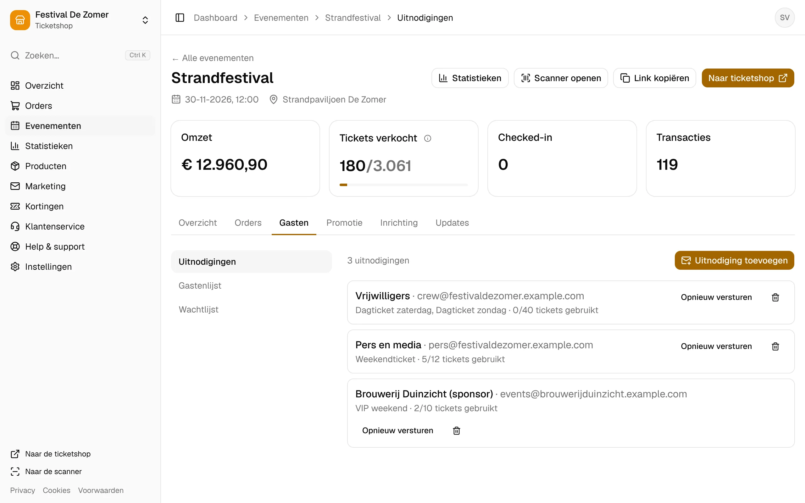 De uitnodigingen van een evenement, met hoeveel tickets er al gebruikt zijn.