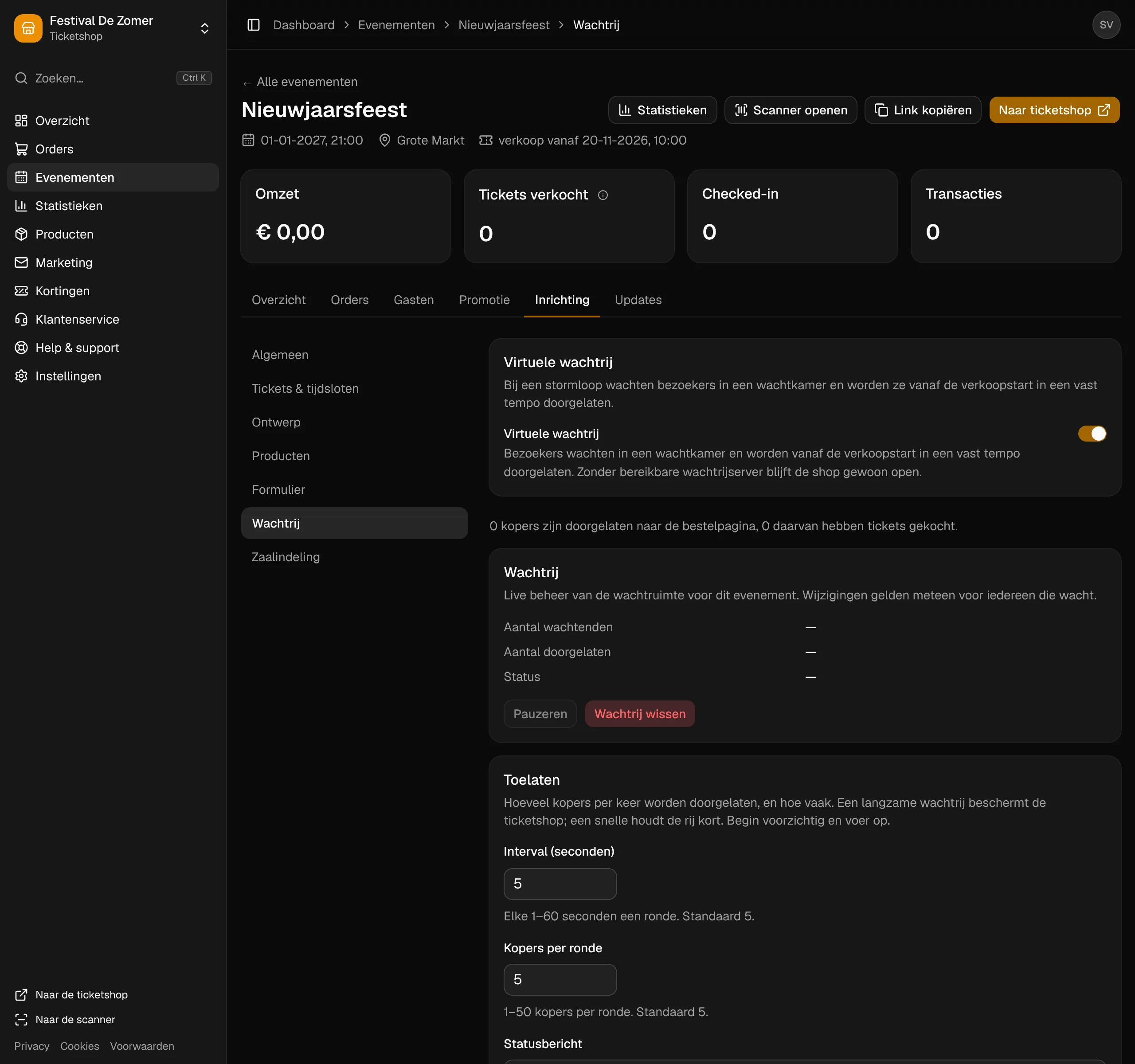 De instellingen van de virtuele wachtrij.