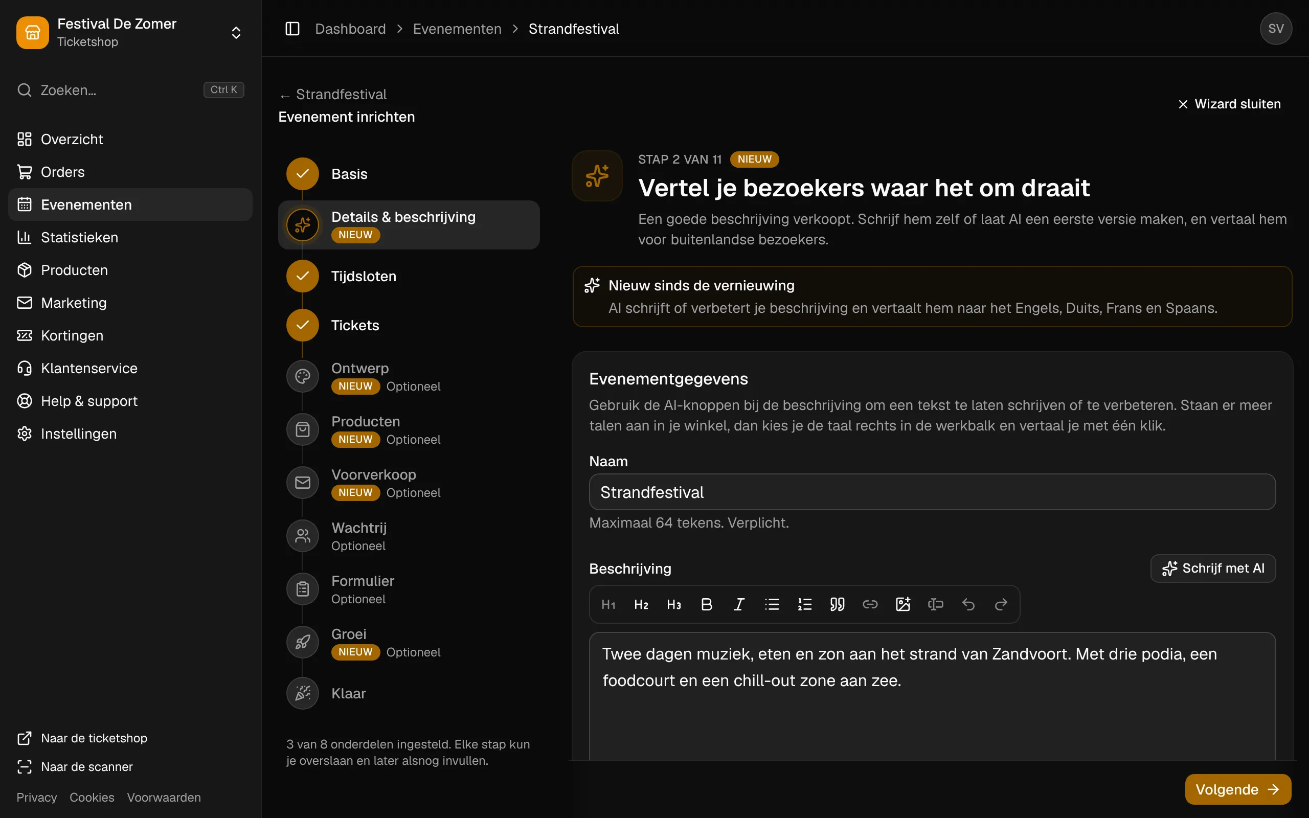 De eerste stap van de wizard: de gegevens van het evenement.